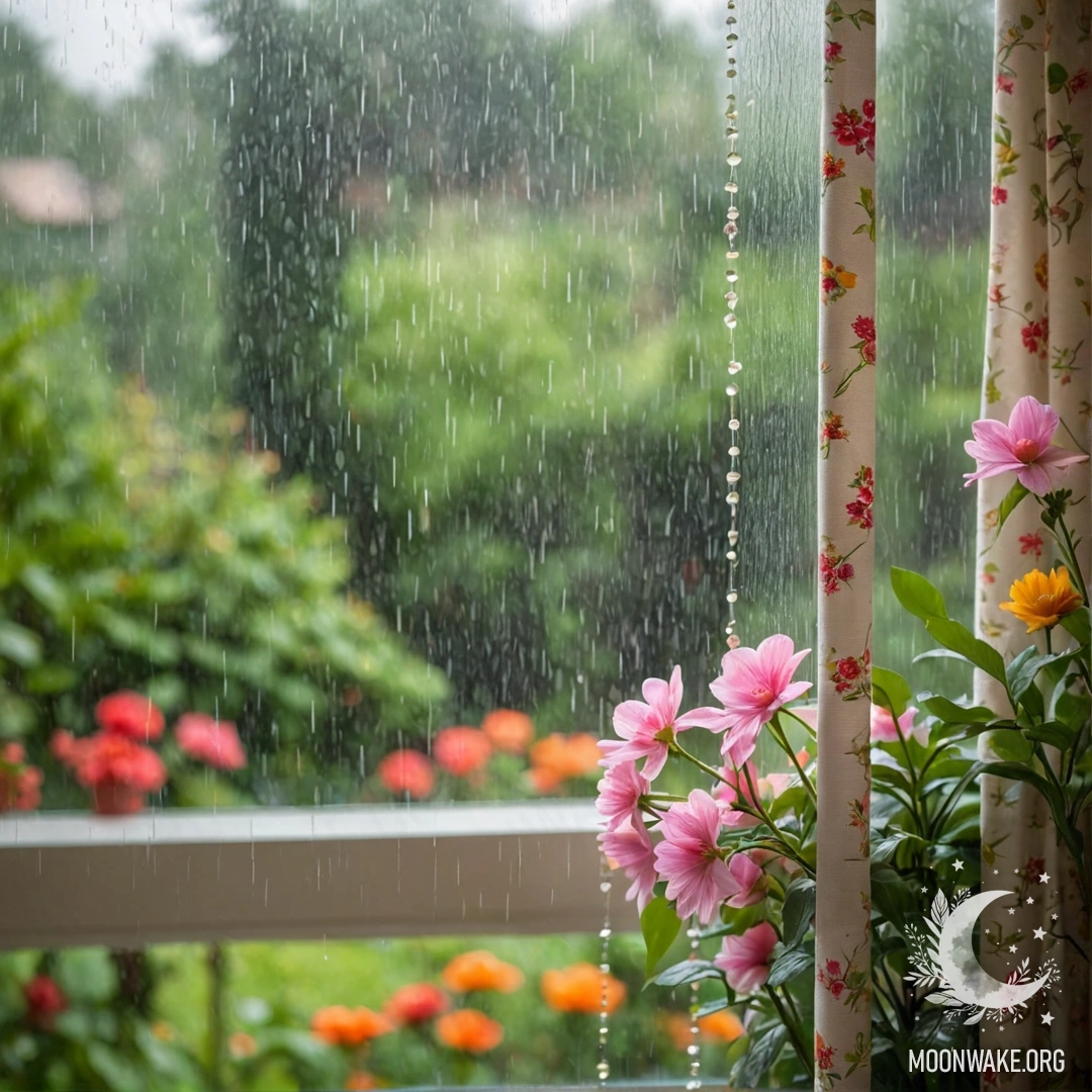 A cozy shabby wooden table adorned with a jar of flowers, background with bokeh lights in the rain.