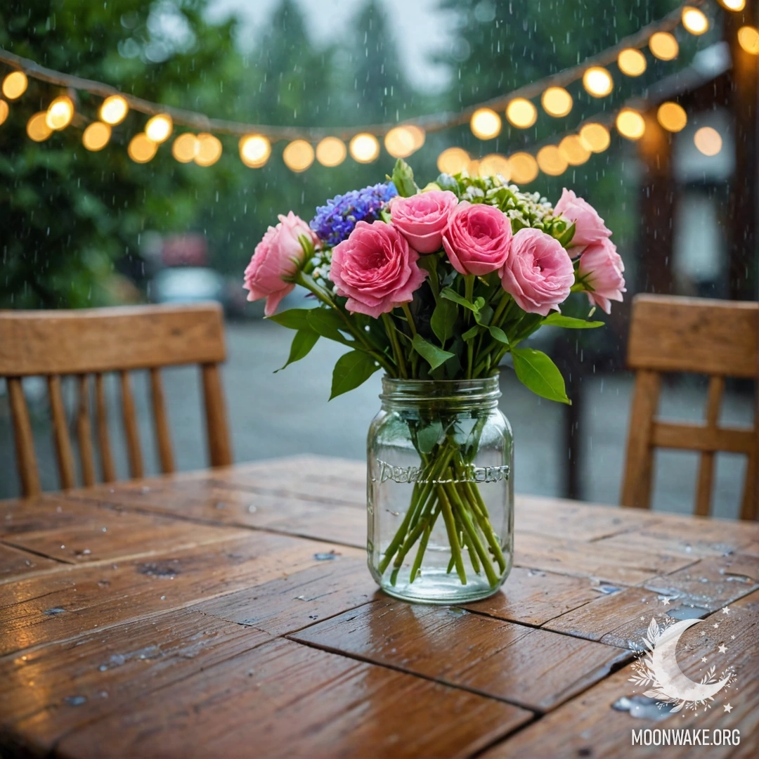 A shabby wooden table adorned with a jar of flowers, soft bokeh lights in the background under the rain.