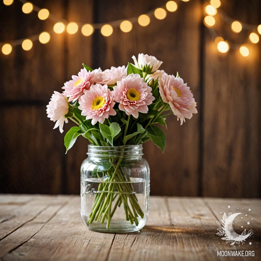 A shabby wooden table adorned with a jar containing a bouquet of flowers, surrounded by soft bokeh of light garlands.