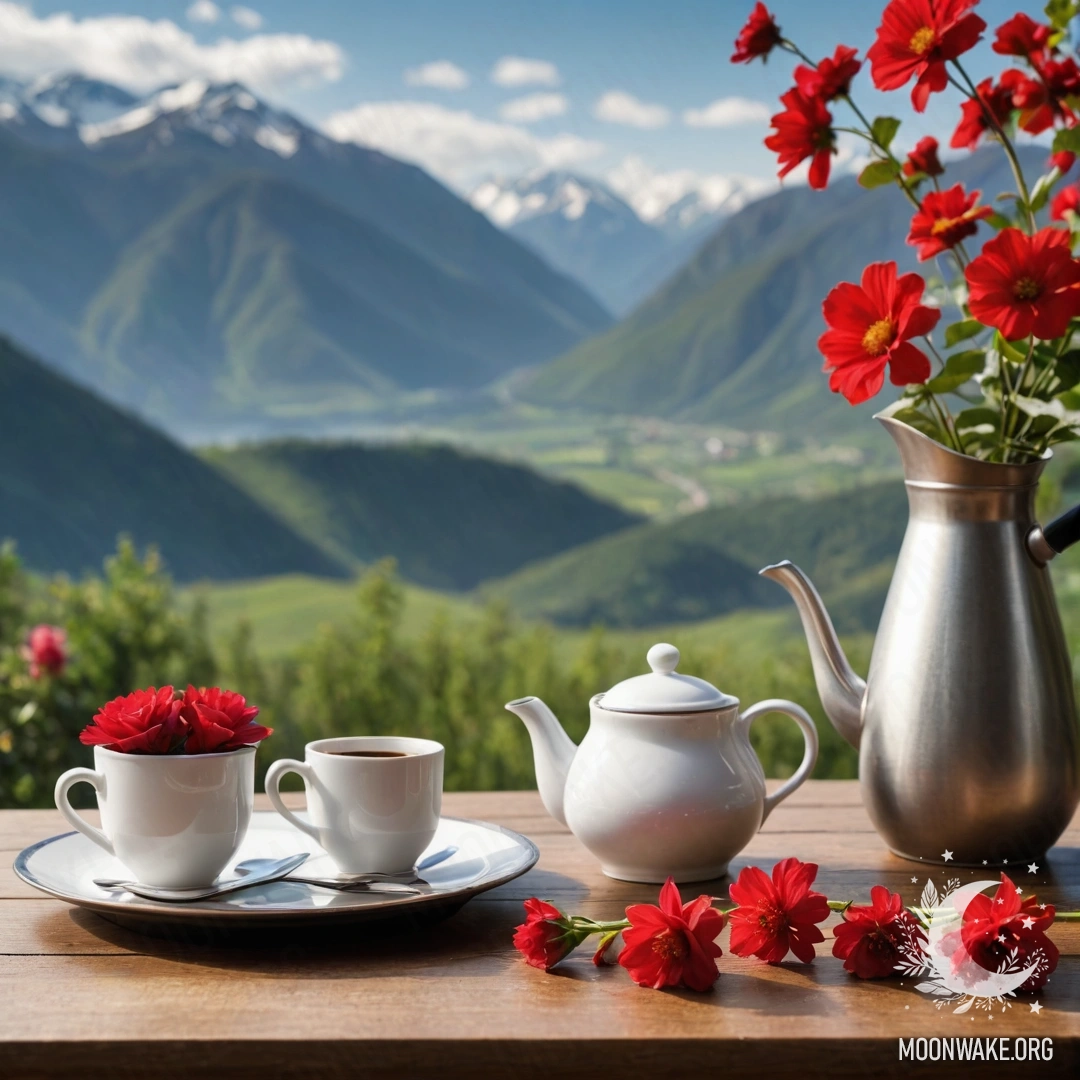 A cozy wooden table with a jar of red flowers, a coffee pot, and cups, set against a backdrop of mountains.