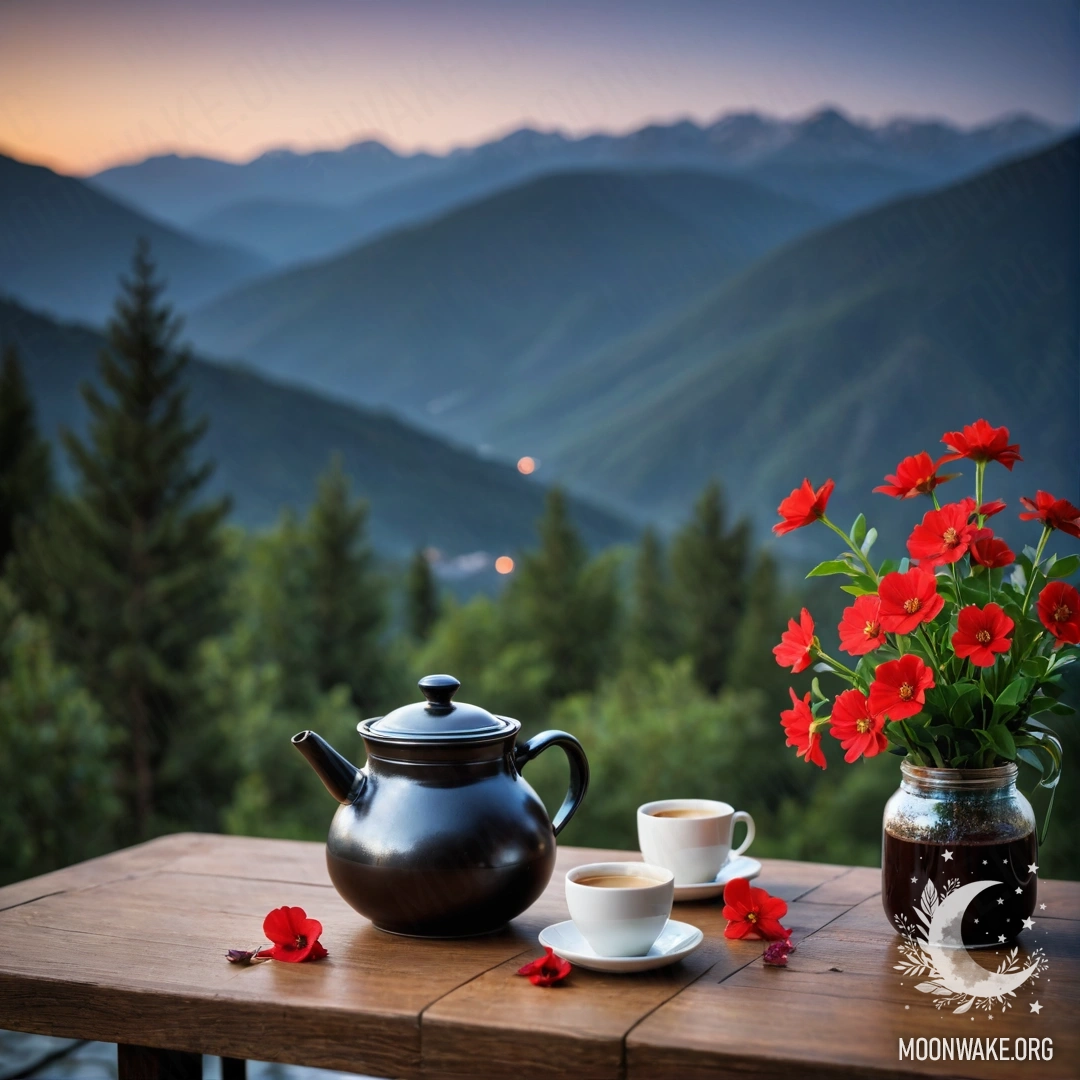 Cozy Night Table with Flowers and Coffee A wooden table adorned with a jar of red flowers, a coffee pot, and cups, set against a mountain backdrop at night.