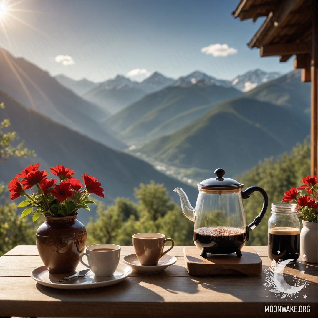Cozy Wooden Table with Flowers and Coffee A cozy wooden table with a jar of red flowers, coffee pot and cups, set against a mountainous background illuminated by sunlight.
