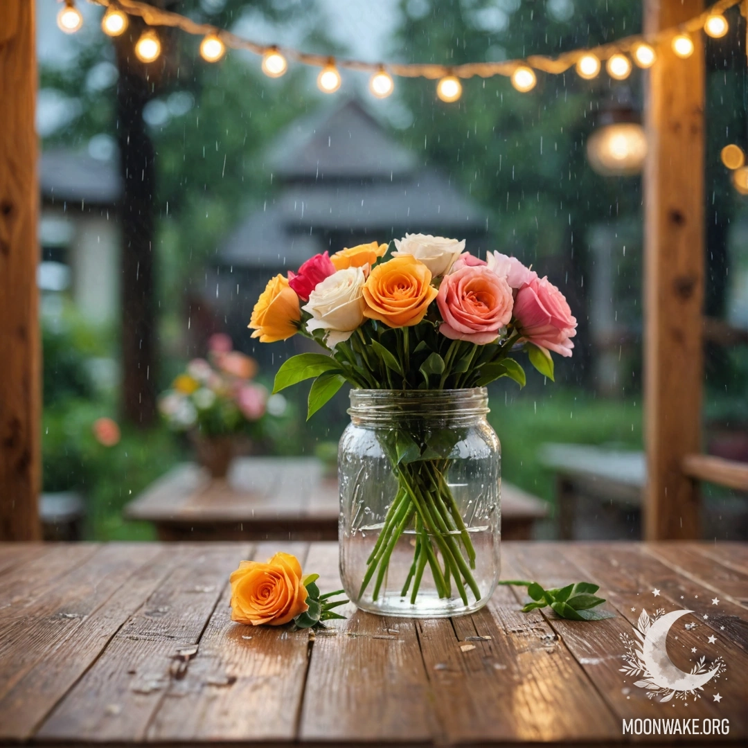 Cozy Floral Arrangement on Rustic Table A rustic wooden table with a jar of flowers and a bokeh background of a light garland under the rain.