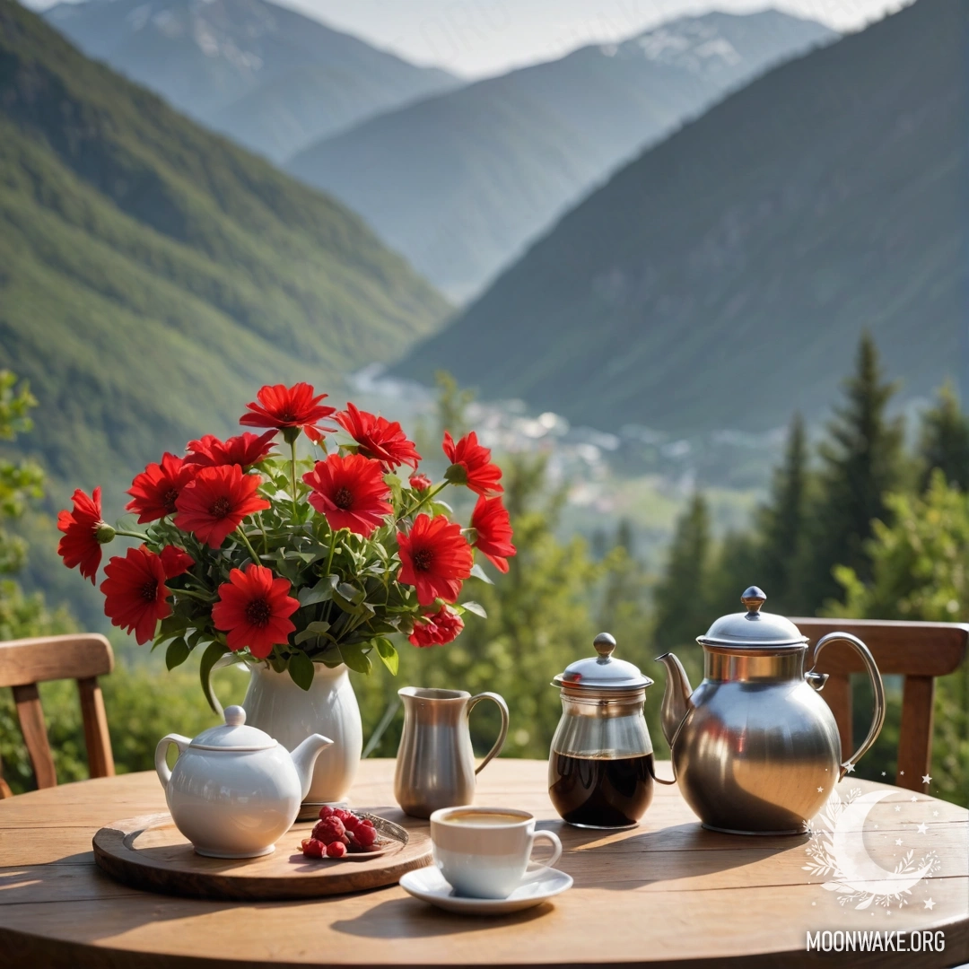 A cozy wooden table with a jar of red flowers, a coffee pot, and cups, illuminated by a garland, against a mountain backdrop.