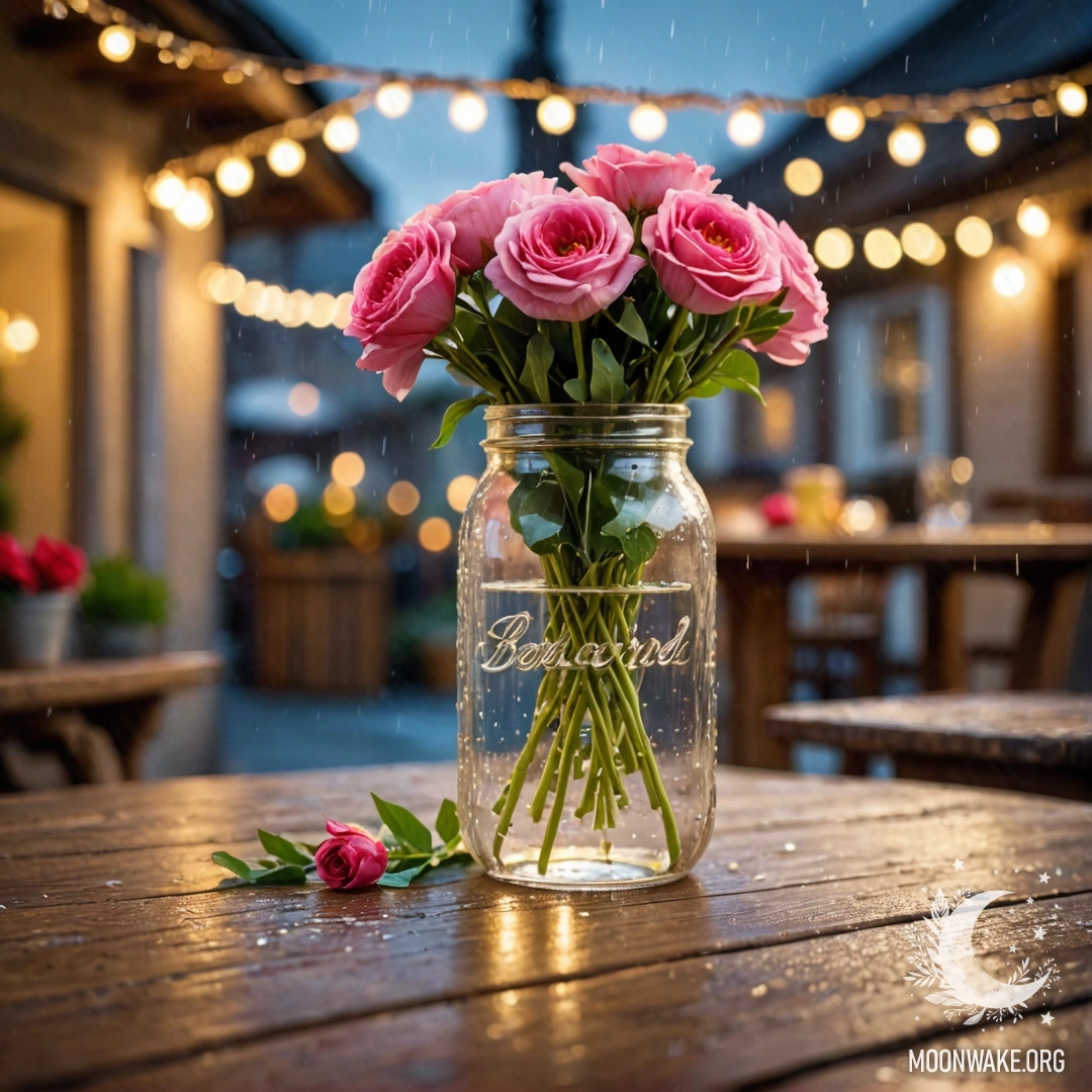 A wooden table with a jar of flowers and a bokeh background of a light garland under rain.