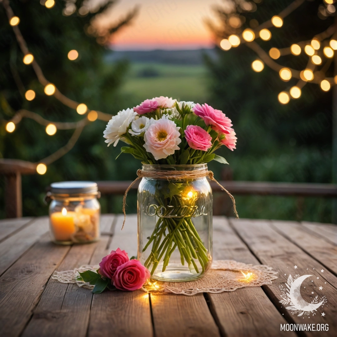A shabby wooden table with a jar of flowers; a sunset with light bokeh in the background.