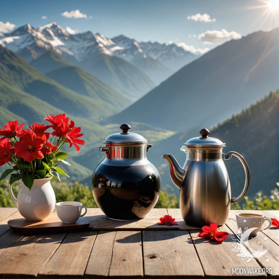 A wooden table with a jar of red flowers, a coffee pot, and cups, set against majestic mountains with sunlight illuminating the scene.
