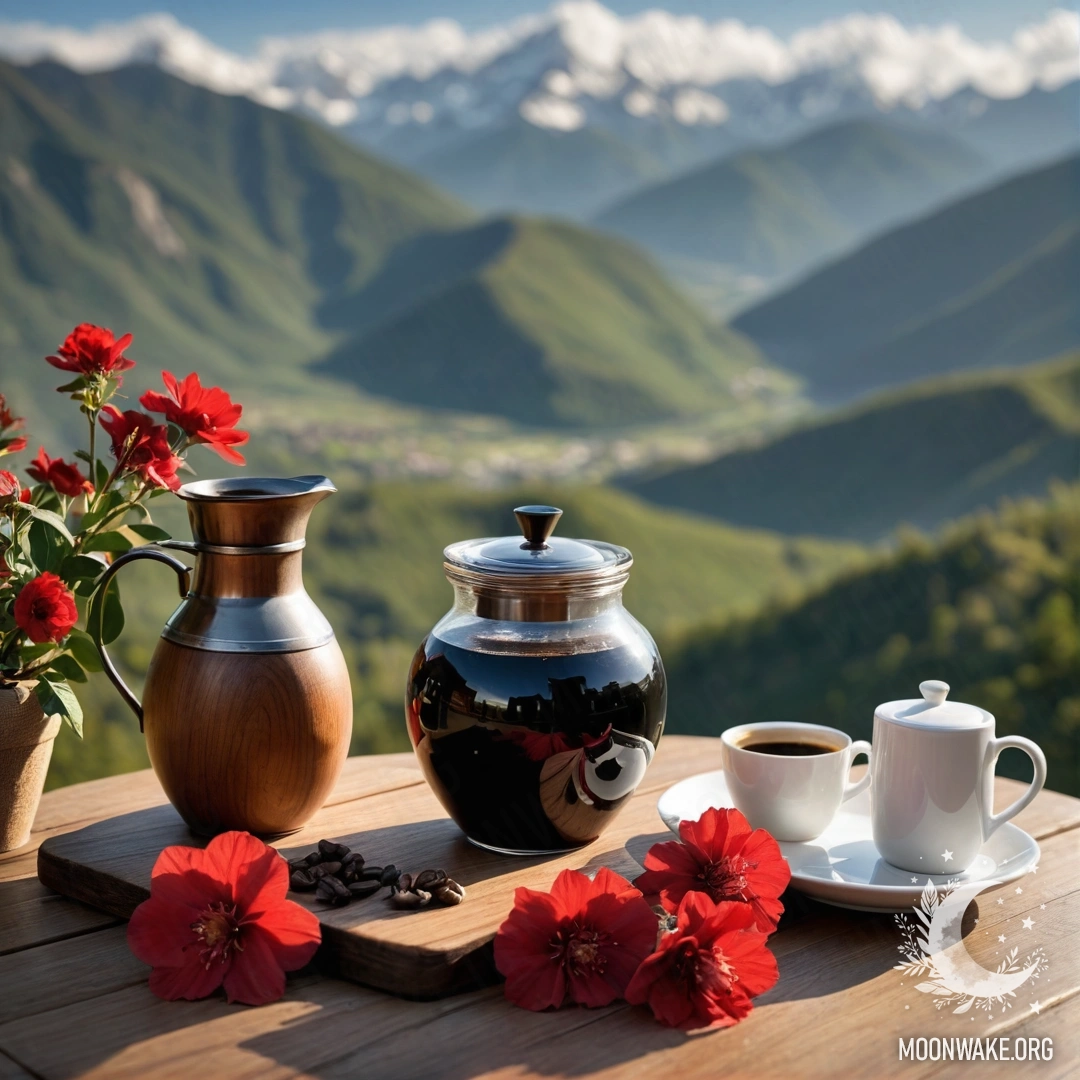 A cozy wooden table with a jar of red flowers, a coffee pot, and cups, set against a picturesque mountain backdrop.