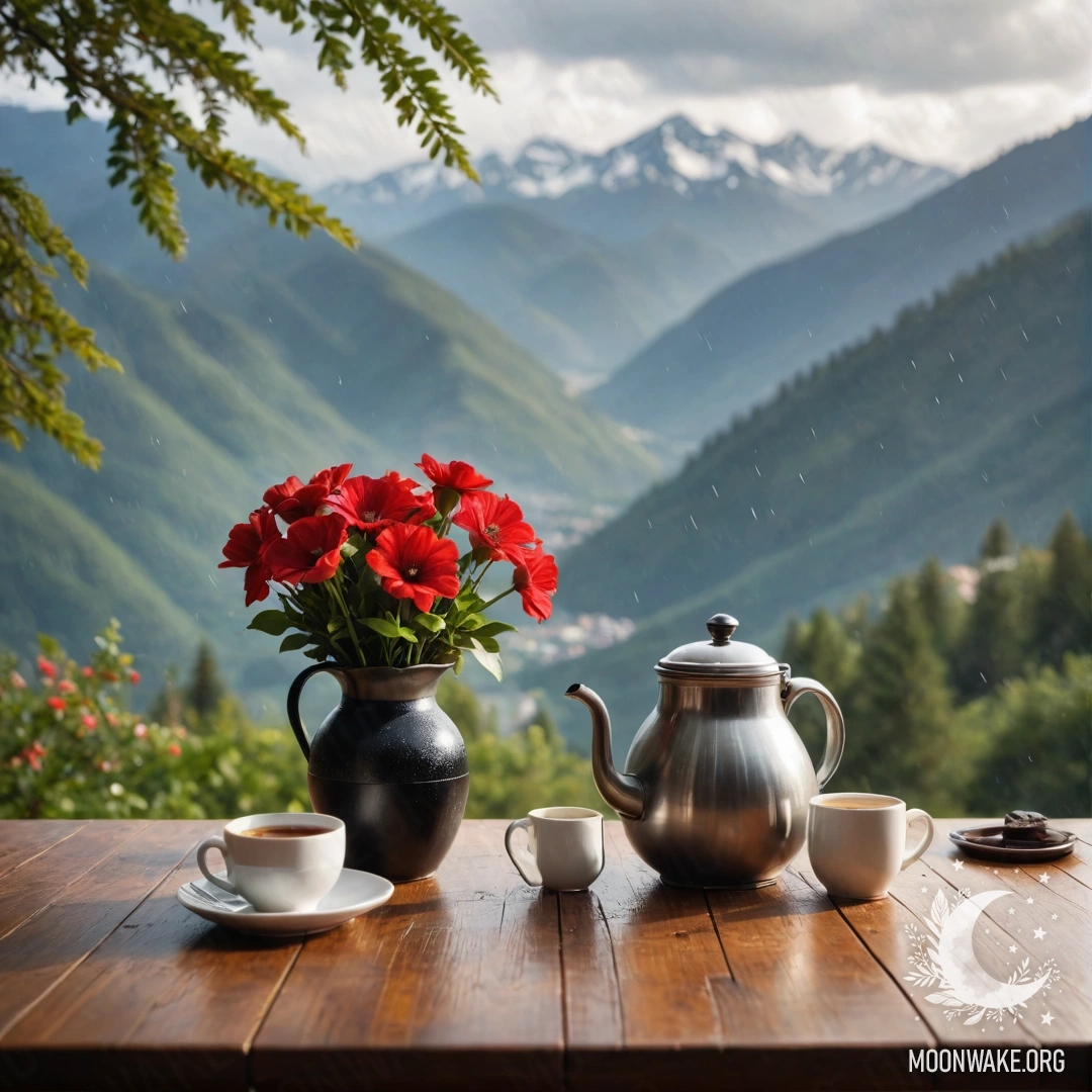A photorealistic image of a cozy wooden table with a jar of red flowers, a coffee pot, and cups under the rain, with mountains in the background.