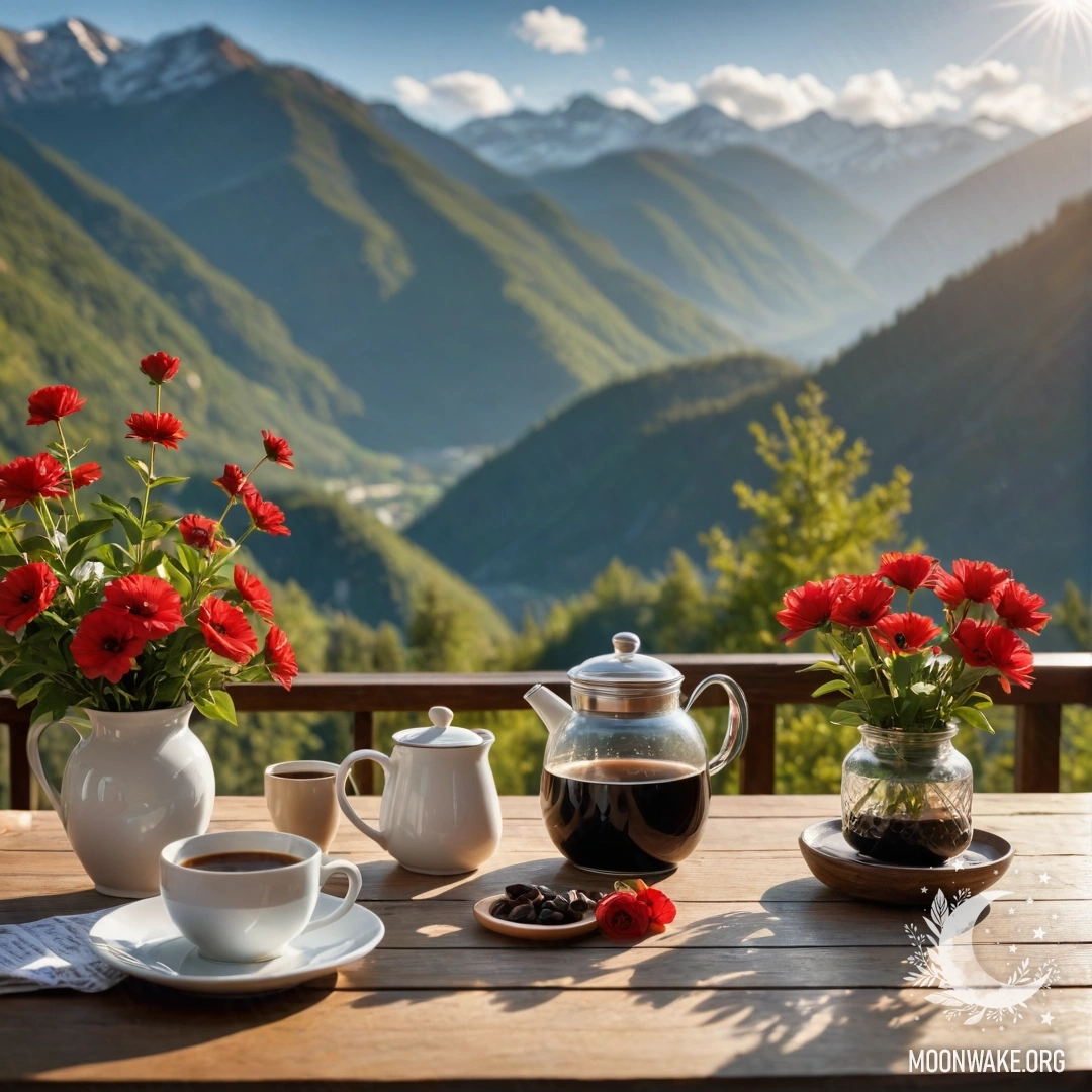 A cozy wooden table with a jar of red flowers and coffee pot against a mountain backdrop, illuminated by sunlight.