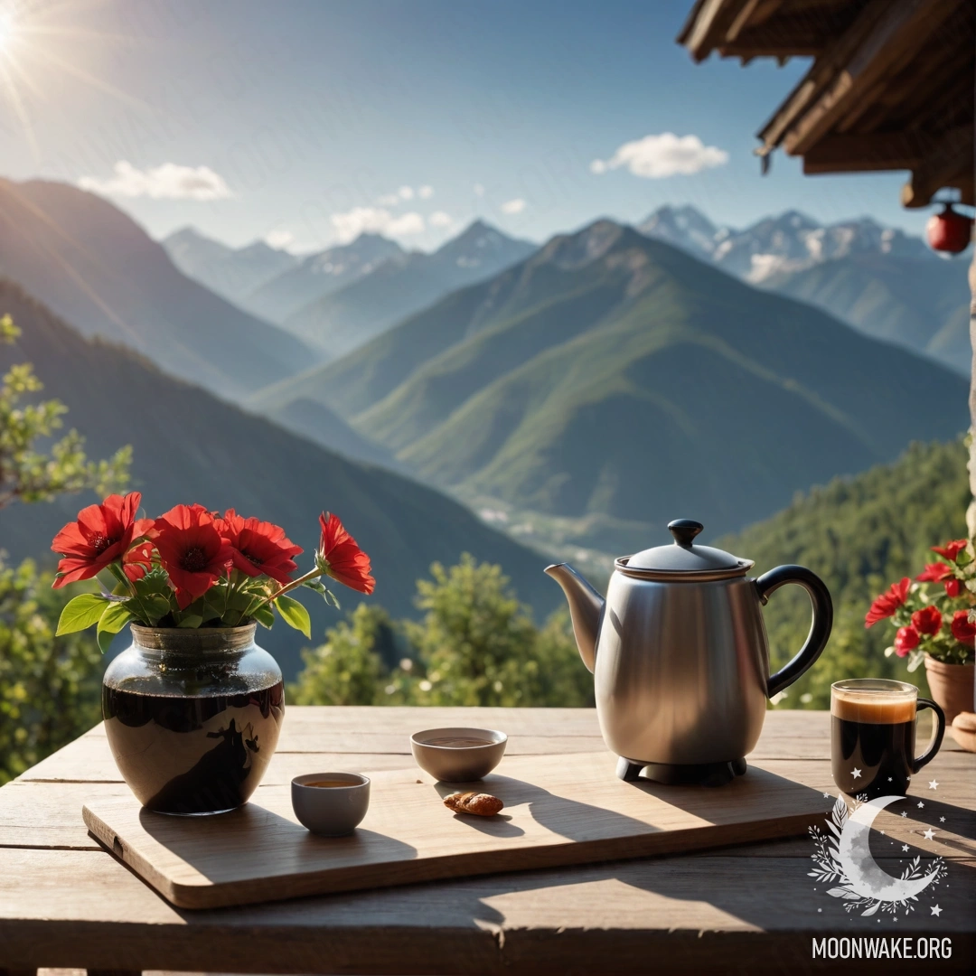 Cozy Coffee Table with Mountain View A cozy wooden table with a coffee pot and cups, adorned with red flowers against a mountainous background.