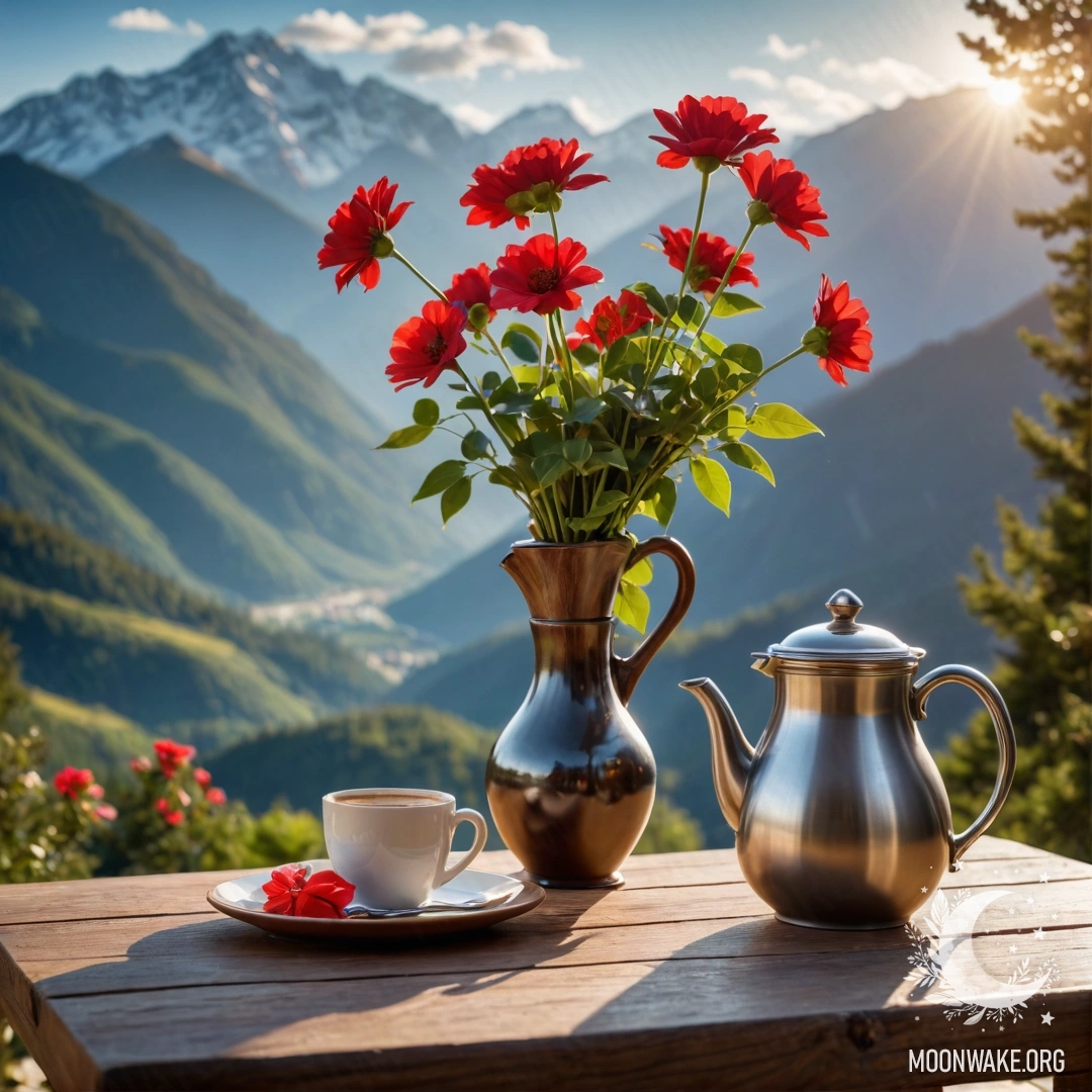 Cozy Mountain Table with Flowers A cozy wooden table with a jar of red flowers and a coffee pot against a mountainous backdrop.