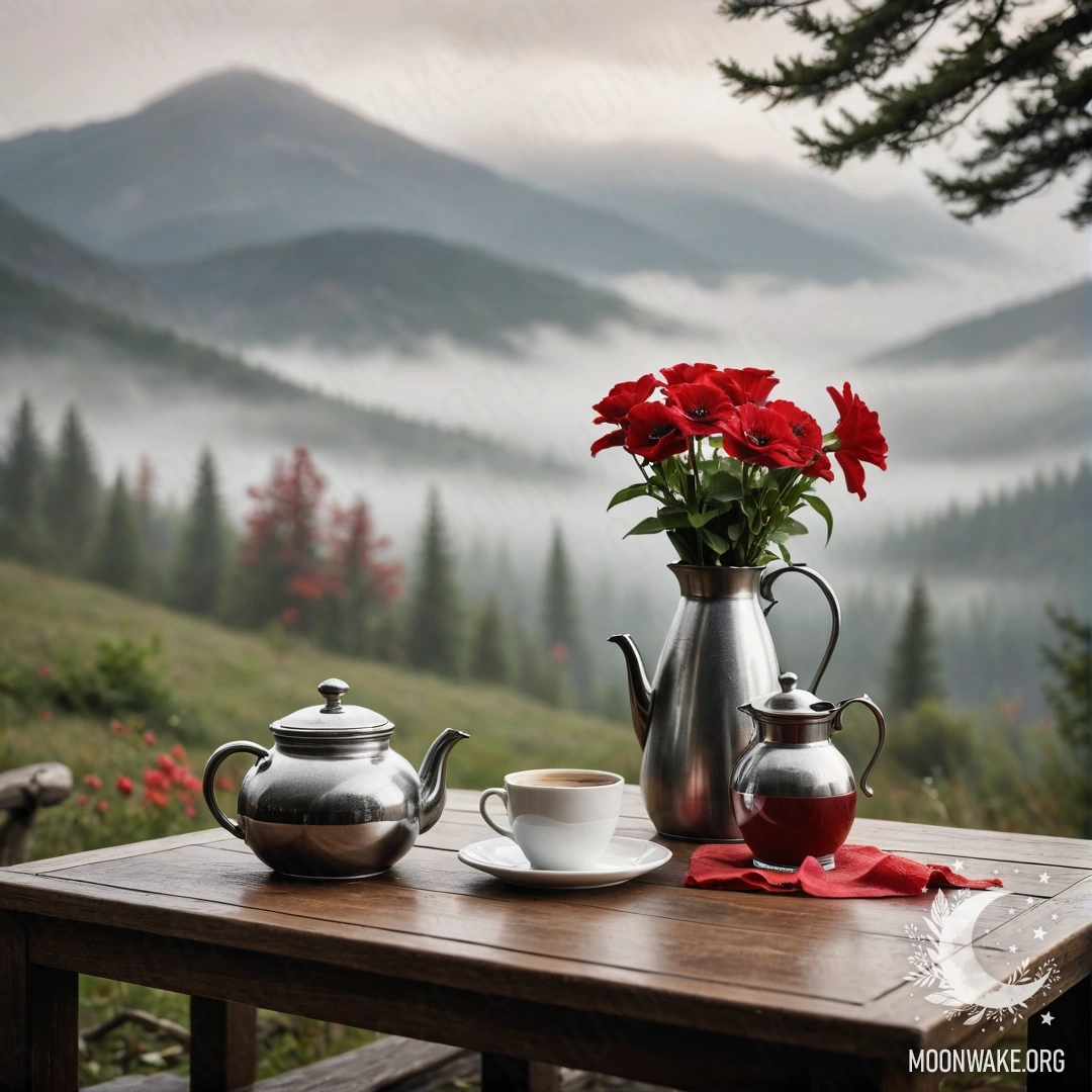A cozy wooden table adorned with a jar of red flowers and coffee pots, set against a misty mountain backdrop.