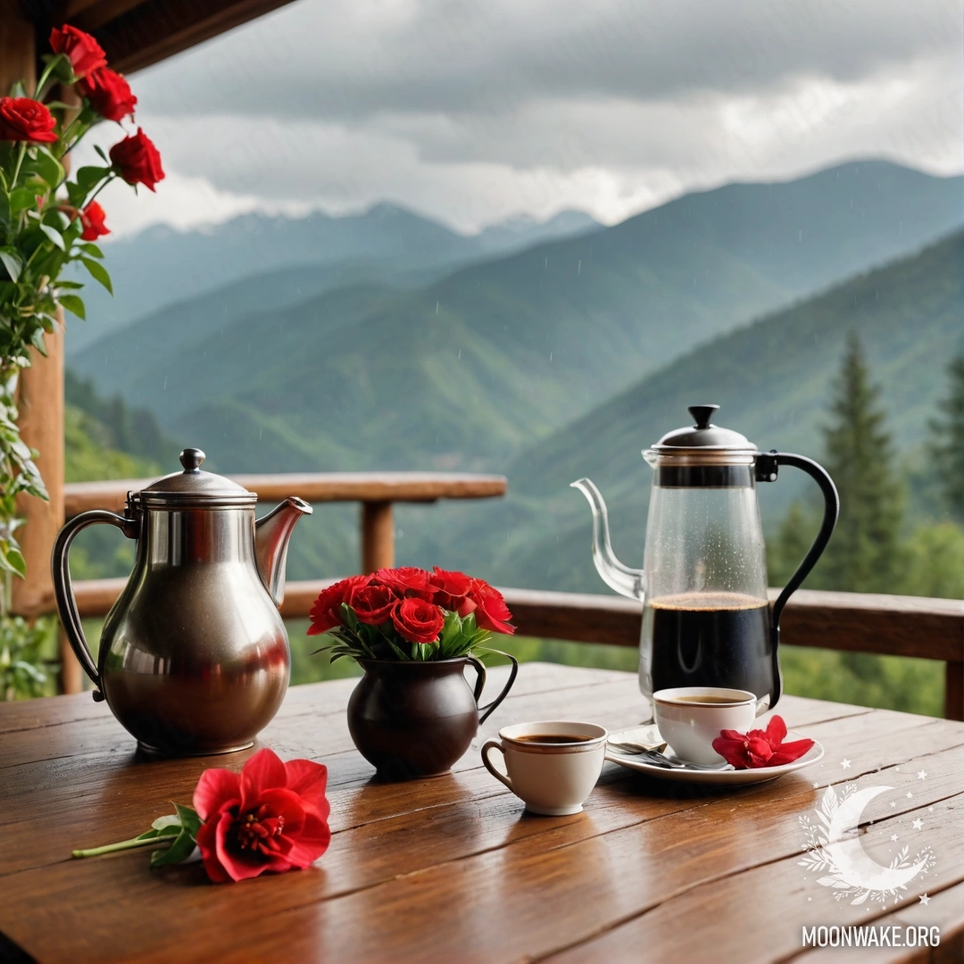 A cozy wooden table with a jar of red flowers and coffee pots under the rain, with mountains in the background.