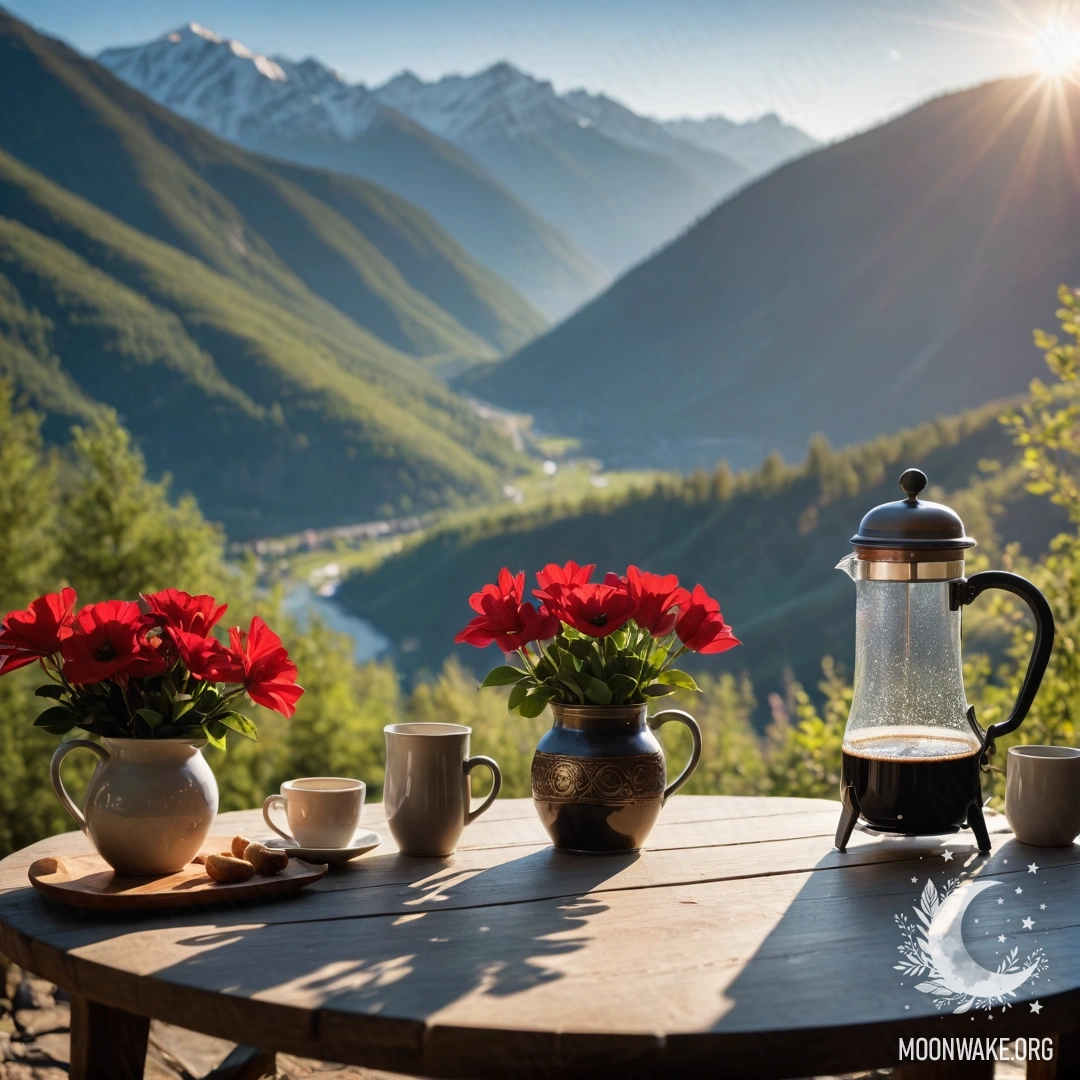 Cozy Mountain Table Scene A cozy wooden table with a jar of red flowers, a coffee pot, and cups, set against a mountain backdrop.