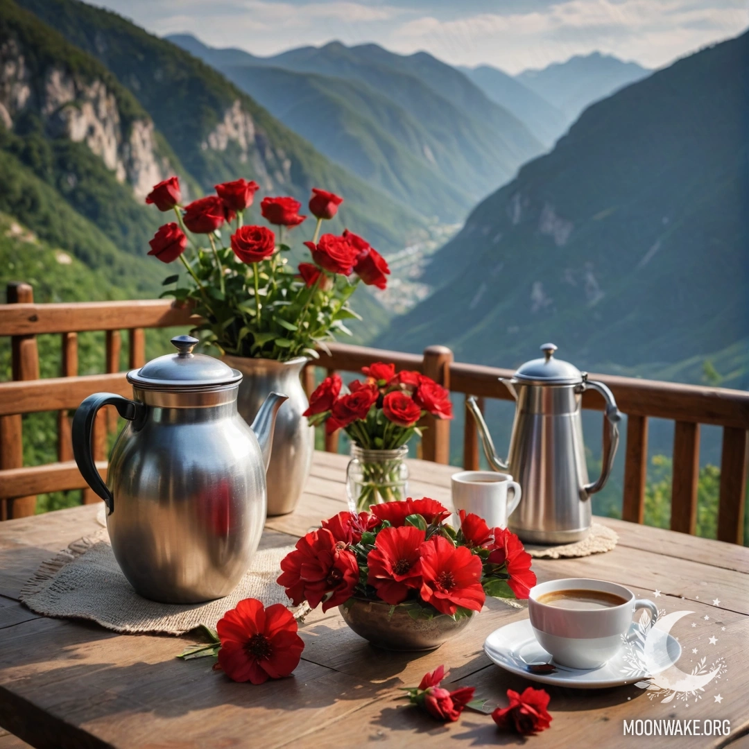 A cozy wooden table with a jar of red flowers, a coffee pot and cups, set against a mountain backdrop.