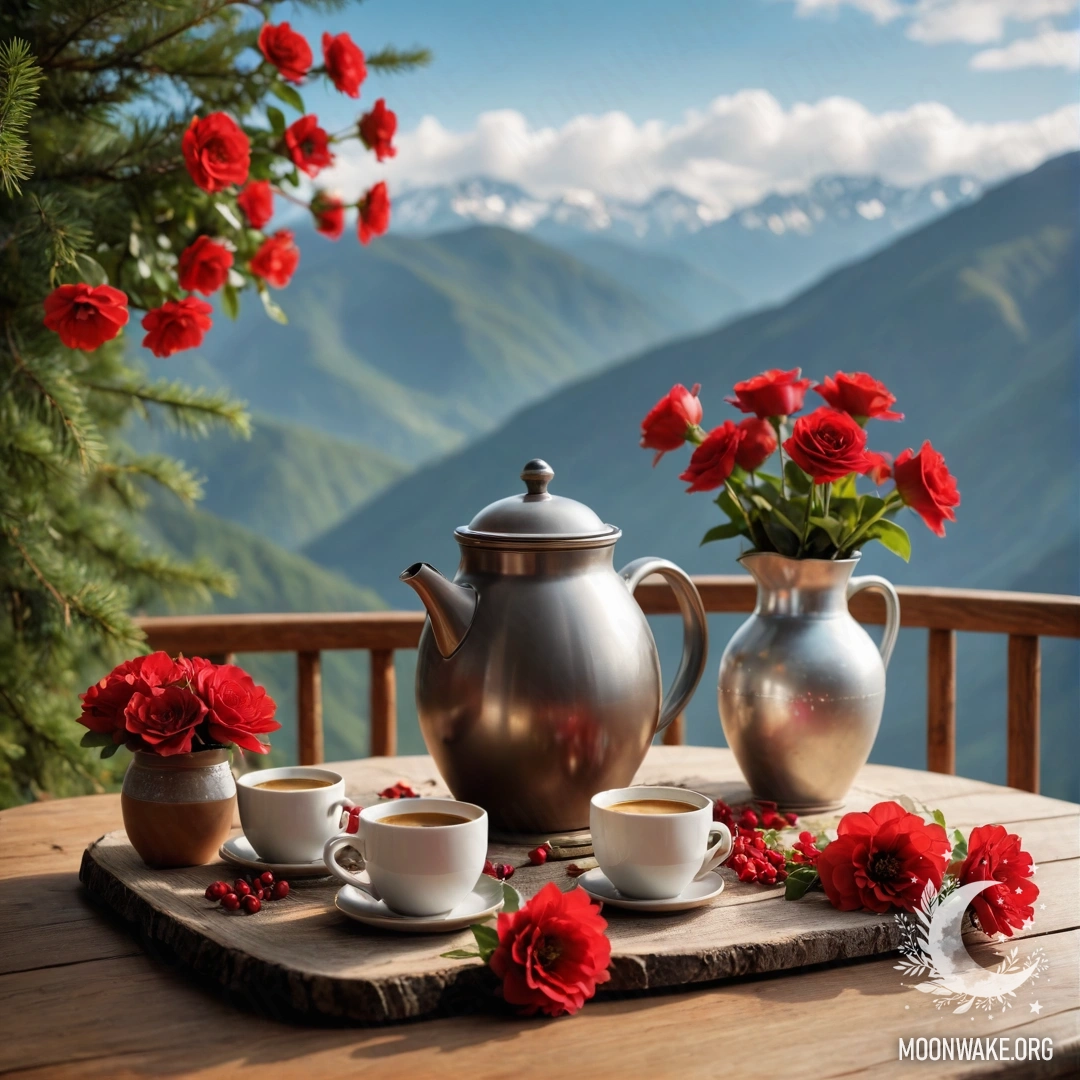 A cozy wooden table set against mountain scenery, featuring a jar of red flowers, a coffee pot, and cups surrounded by warm garland lights.