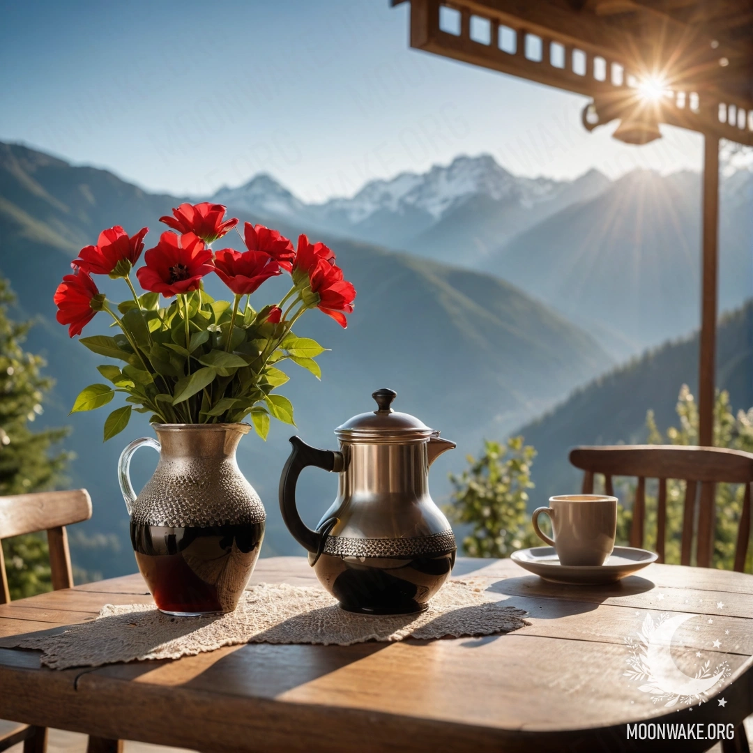 A wooden table with red flowers, a coffee pot, and cups under sun rays with mountains in the background.