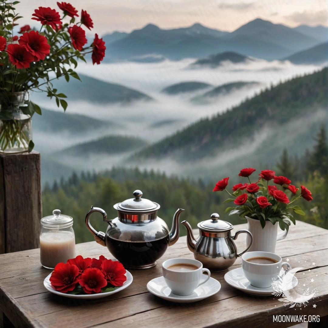 A cozy wooden table with red flowers and coffee pot against a misty mountain backdrop.
