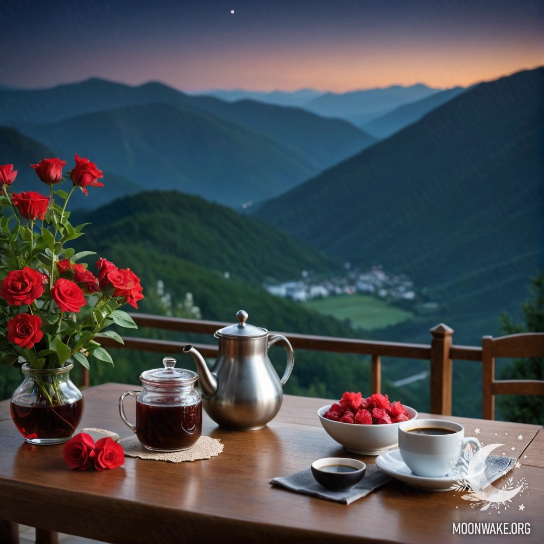 A cozy wooden table adorned with a jar of red flowers, a coffee pot, and cups, set against a mountain backdrop at night.