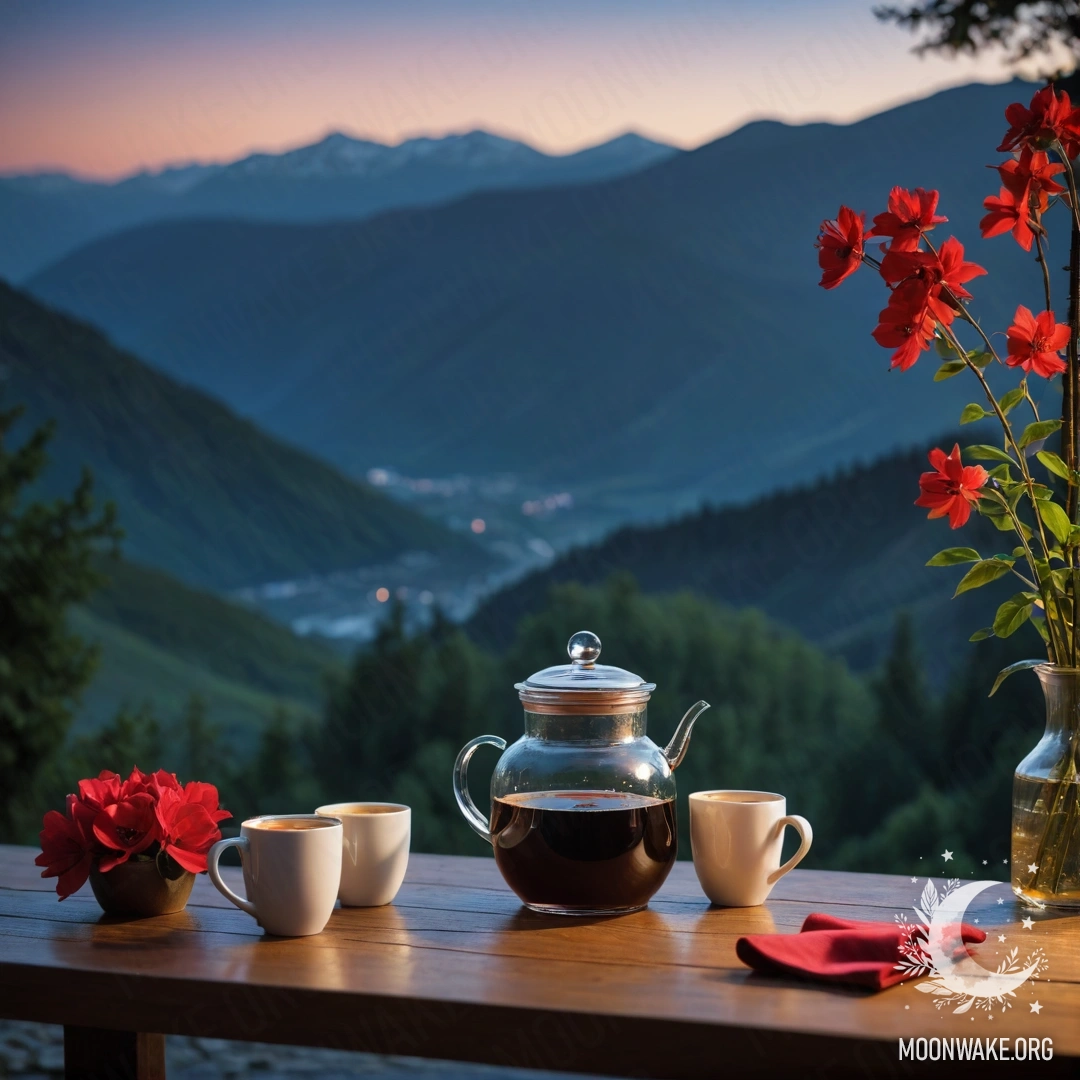 Cozy Night Table with Flowers and Coffee A wooden table with red flowers, a coffee pot, and cups against a mountain backdrop at night.