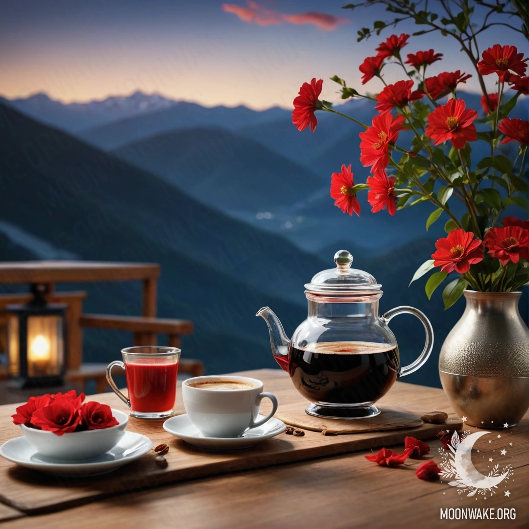 Cozy Mountain Table at Night A wooden table with red flowers and coffee pot against mountains at night.