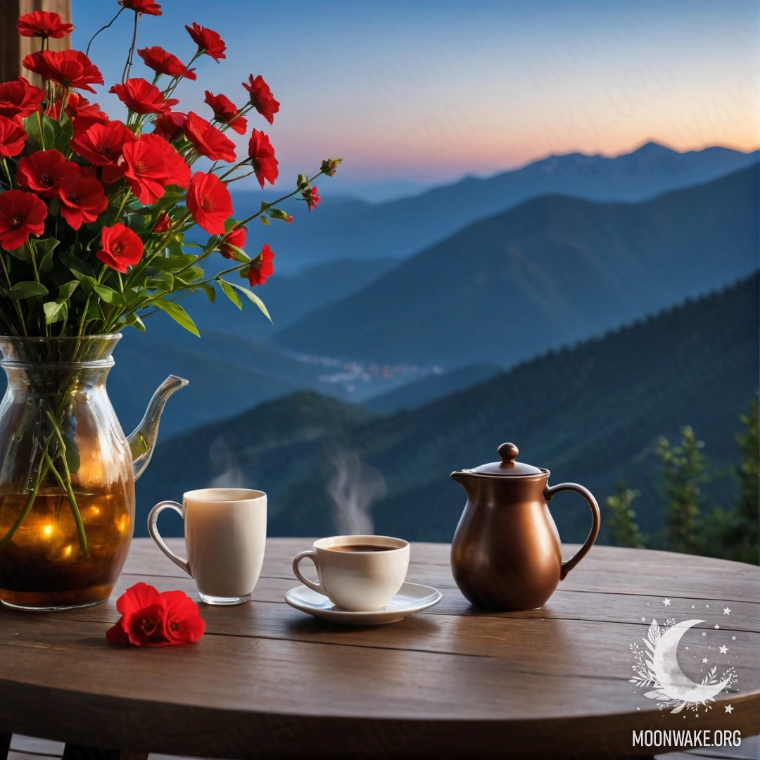 A wooden table with a jar of red flowers, a coffee pot and cups, set against the backdrop of mountains at night.