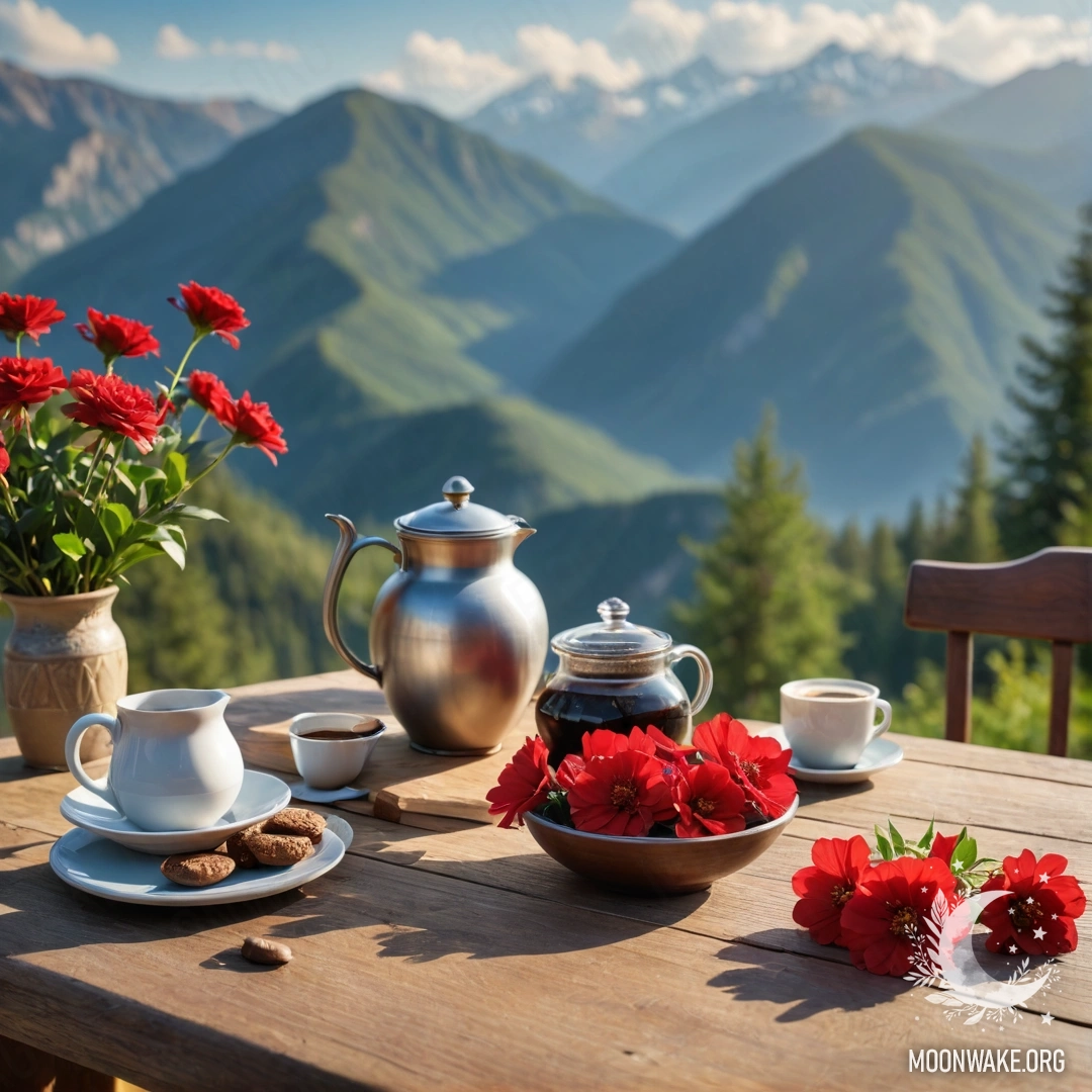 A cozy wooden table adorned with a jar of red flowers and a coffee pot set against mountains.