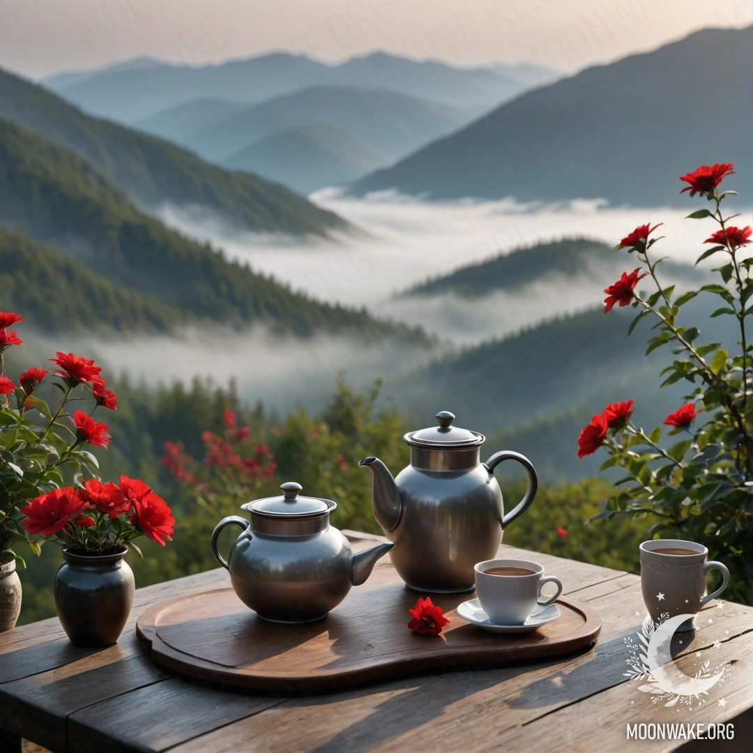 Cozy Morning with Flowers and Fog A cozy wooden table with red flowers, a coffee pot, and cups in heavy fog with mountains in the background.