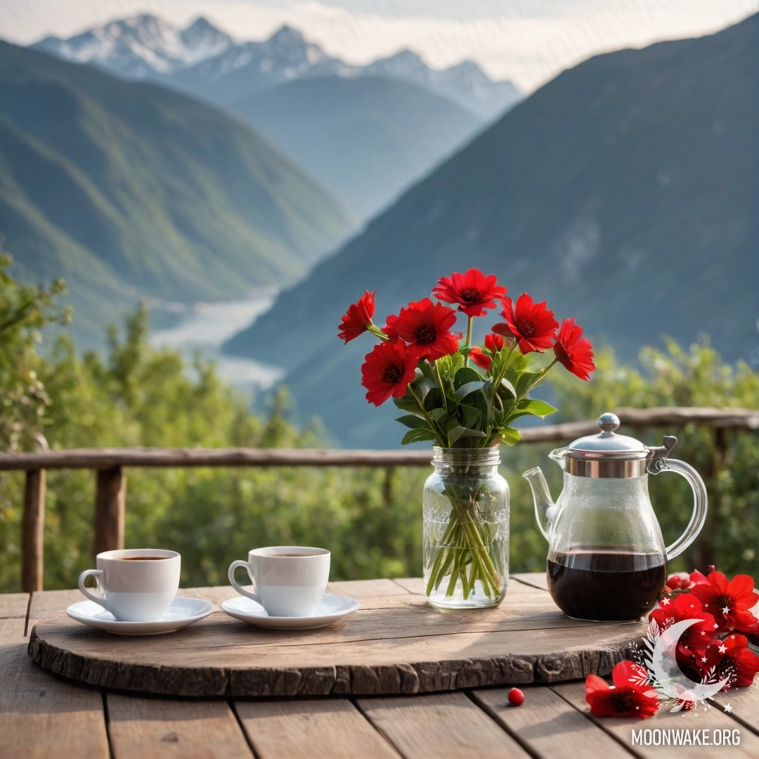 A cozy wooden table set against a mountainous backdrop, adorned with a jar of red flowers and a coffee pot, accompanied by cups illuminated by a garland.