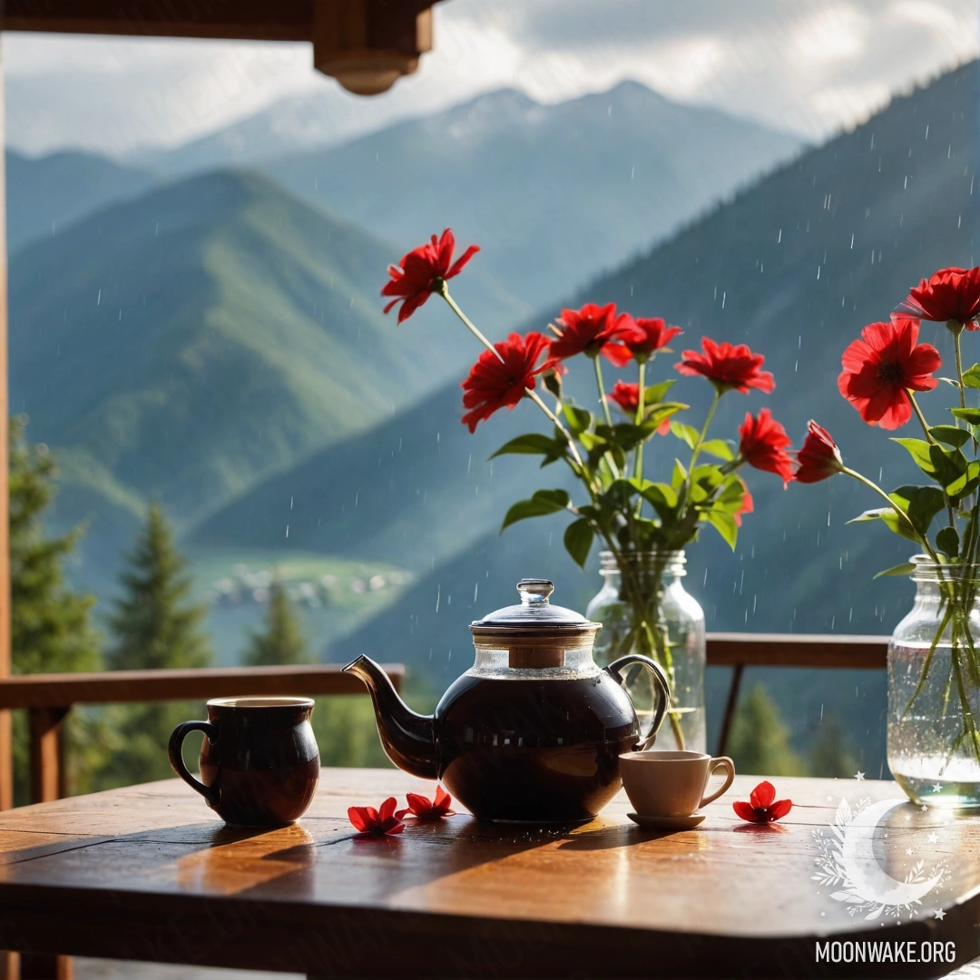 Cozy Mountain Table with Red Flowers A wooden table with red flowers, coffee pot and cups in the rain, set against mountainous background.