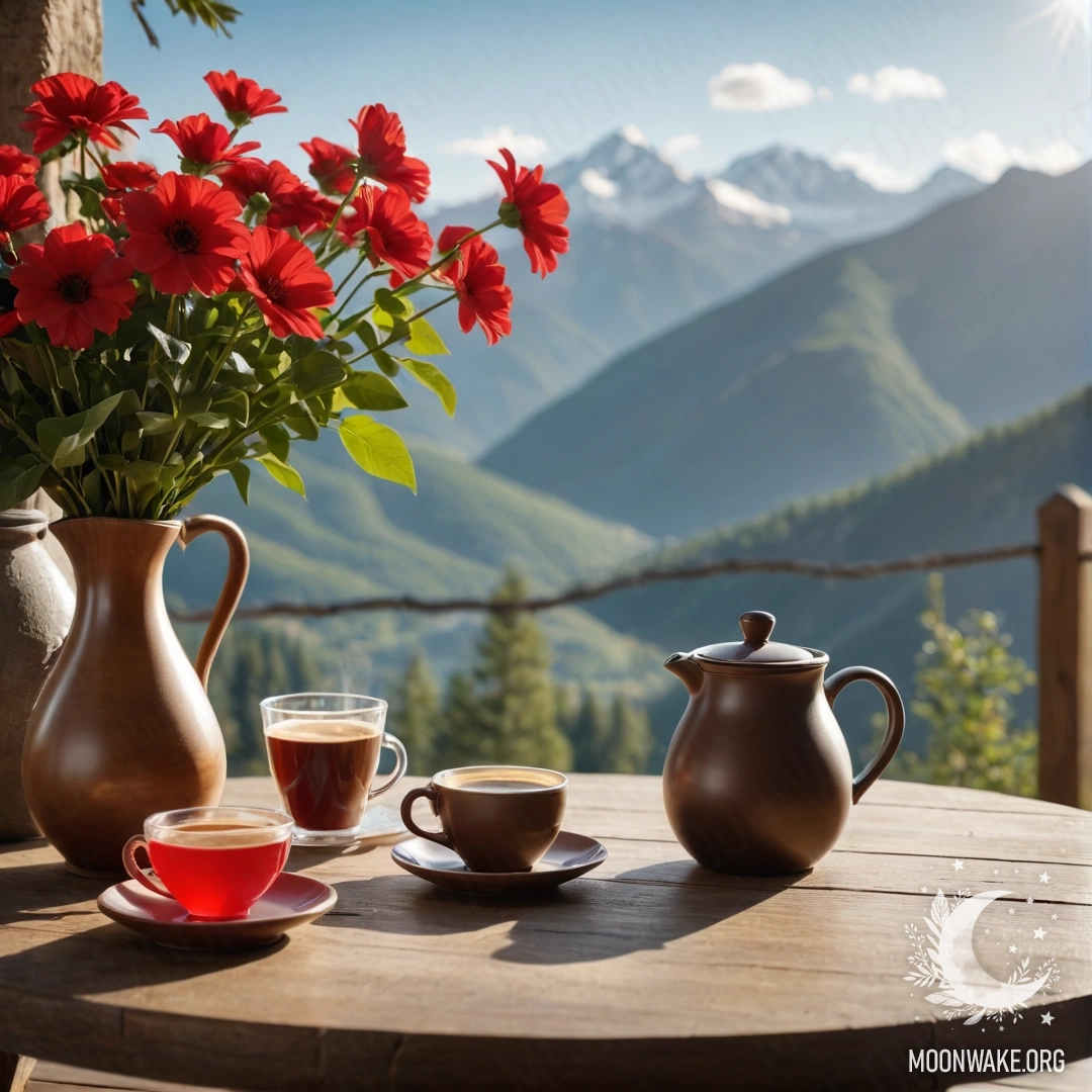 A wooden table with a coffee pot, cups, and a jar of red flowers, with mountains in the background.
