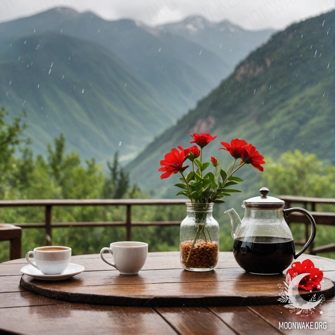 A cozy wooden table with a jar of red flowers, a coffee pot, and cups on it, set against a mountainous backdrop under the rain.