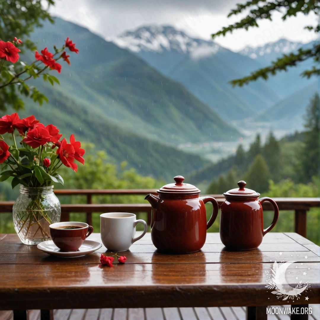 A cozy wooden table with red flowers, a coffee pot and cups, set against a mountainous background while it rains.
