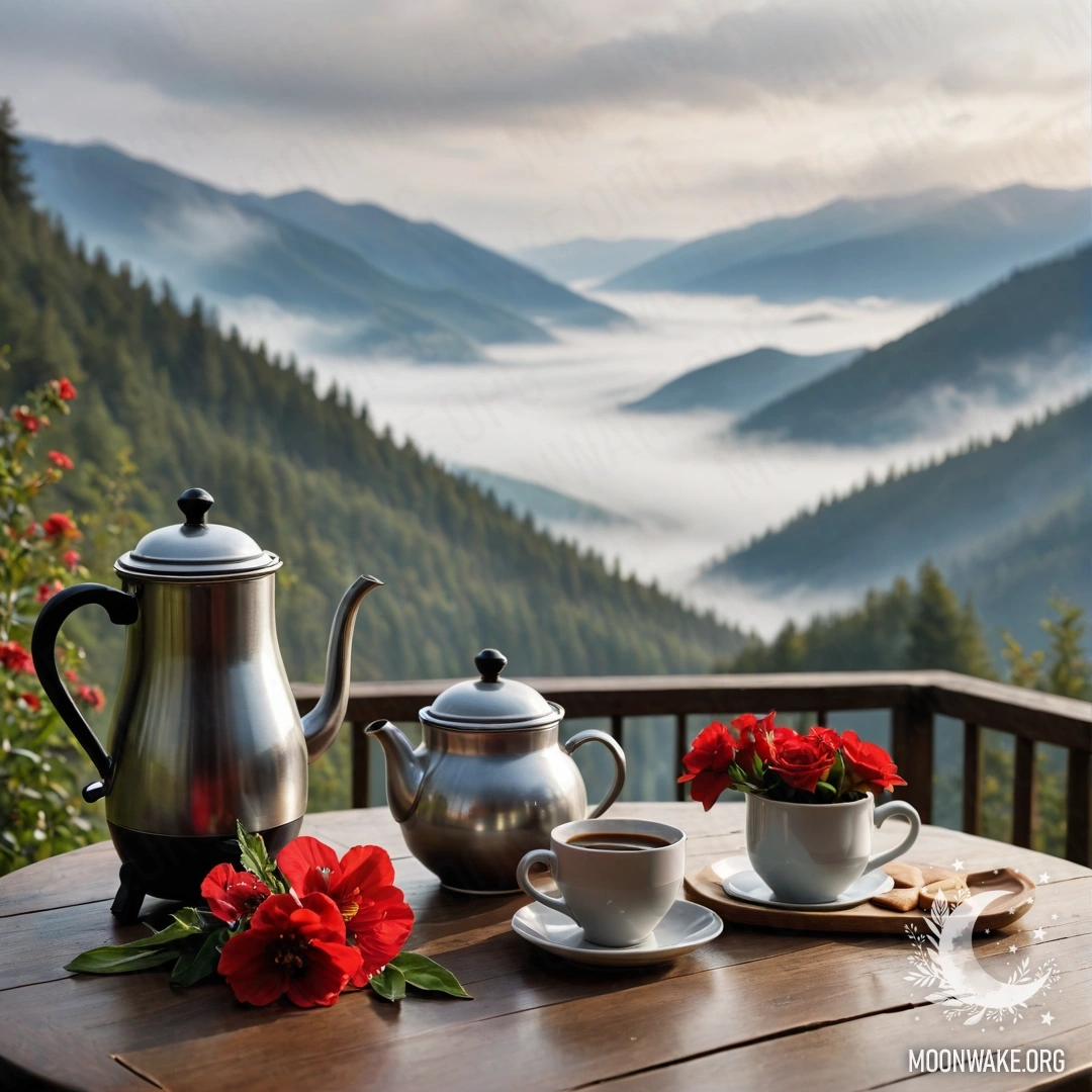 Cozy wooden table with a jar of red flowers, coffee pot, and cups in heavy fog with mountains in the background.