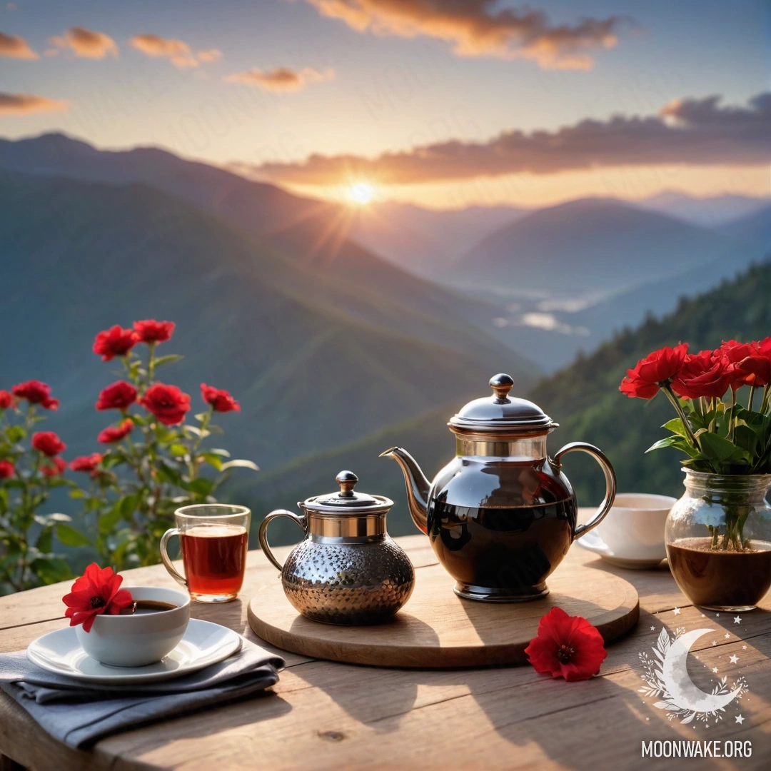 A cozy wooden table with a jar of red flowers and coffee pots against a mountain backdrop during sunset.