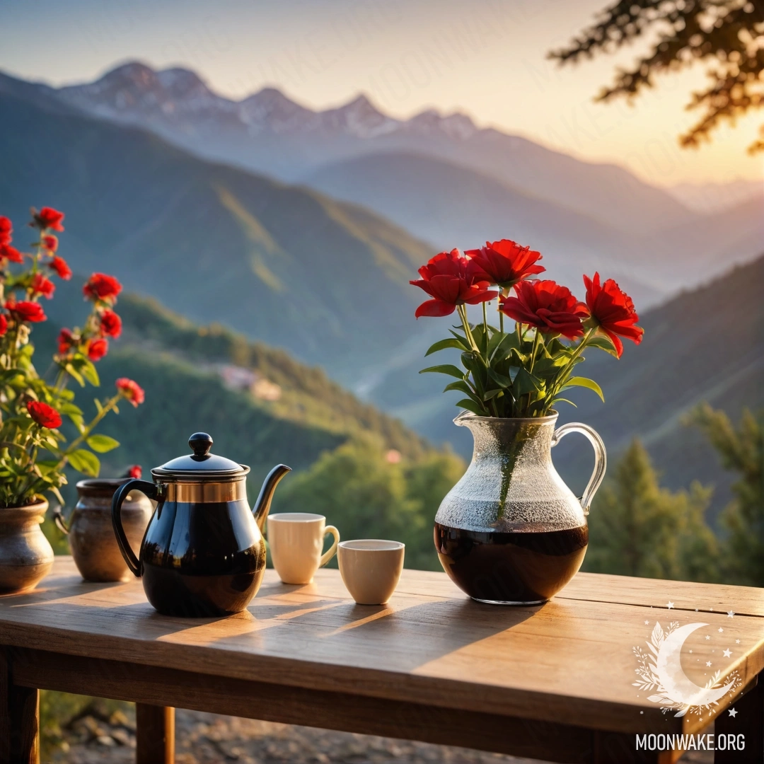 A cozy wooden table with red flowers, coffee pot, and cups against mountains at sunset.