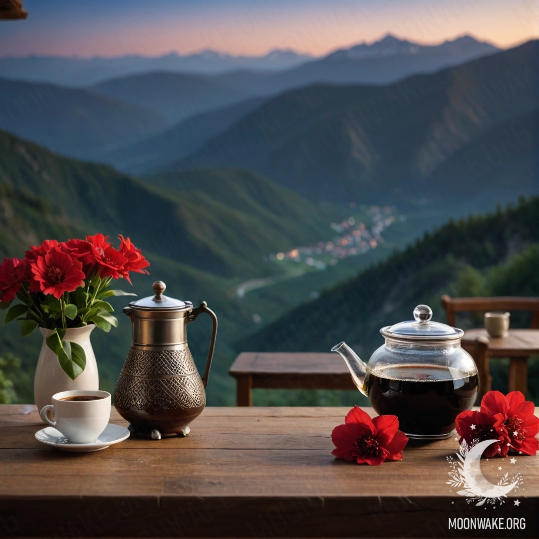 A cozy wooden table with a jar of red flowers, a coffee pot, and cups against a mountainous background at night.