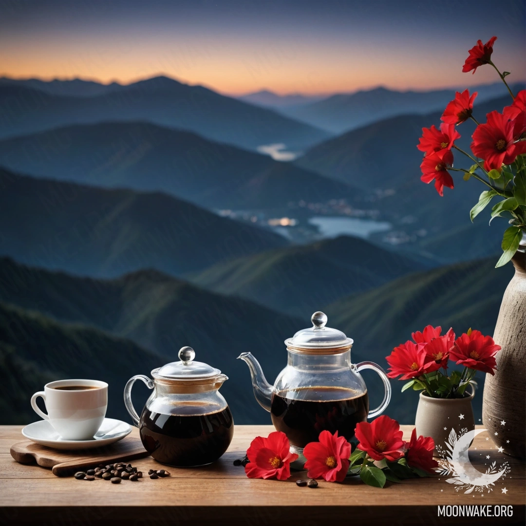 A cozy wooden table at night with mountains in the background, decorated with a jar of red flowers, a coffee pot, and cups.