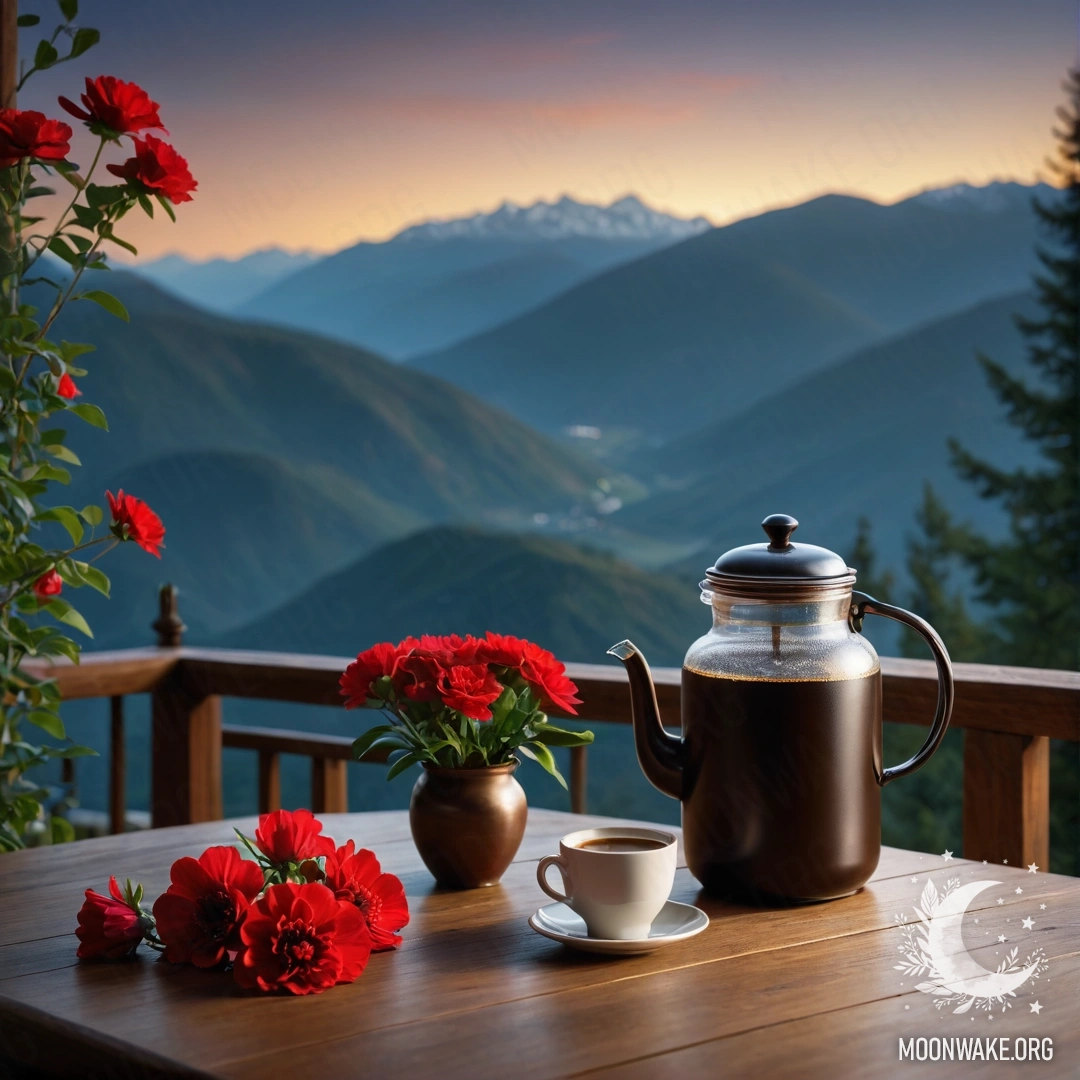 Cozy Night Table with Flowers and Coffee A wooden table with a jar of red flowers, a coffee pot, and cups set against a nighttime mountain backdrop.