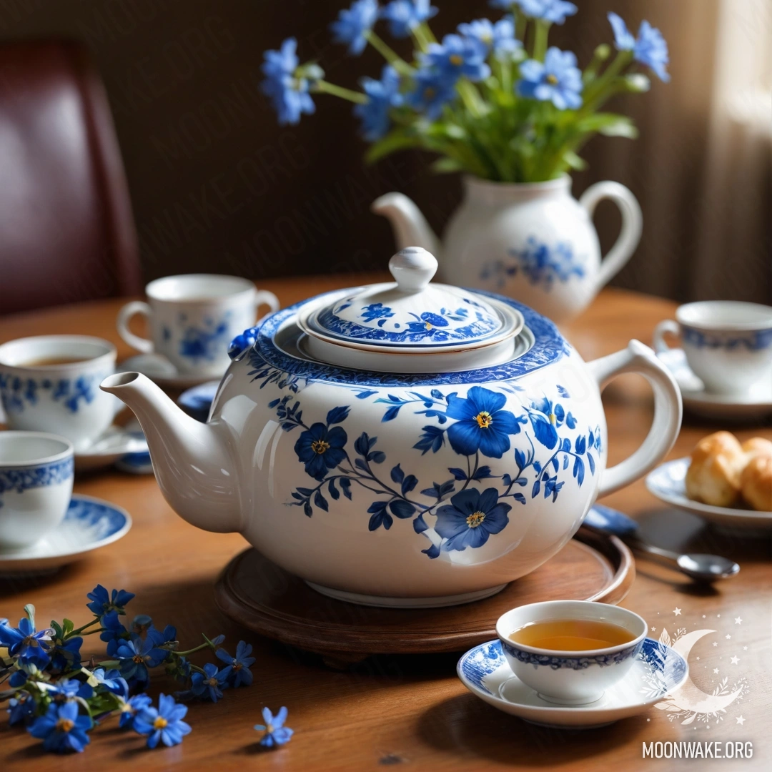 Cozy Wooden Table with Porcelain Teapot A round wooden table adorned with a porcelain teapot filled with blue flowers.
