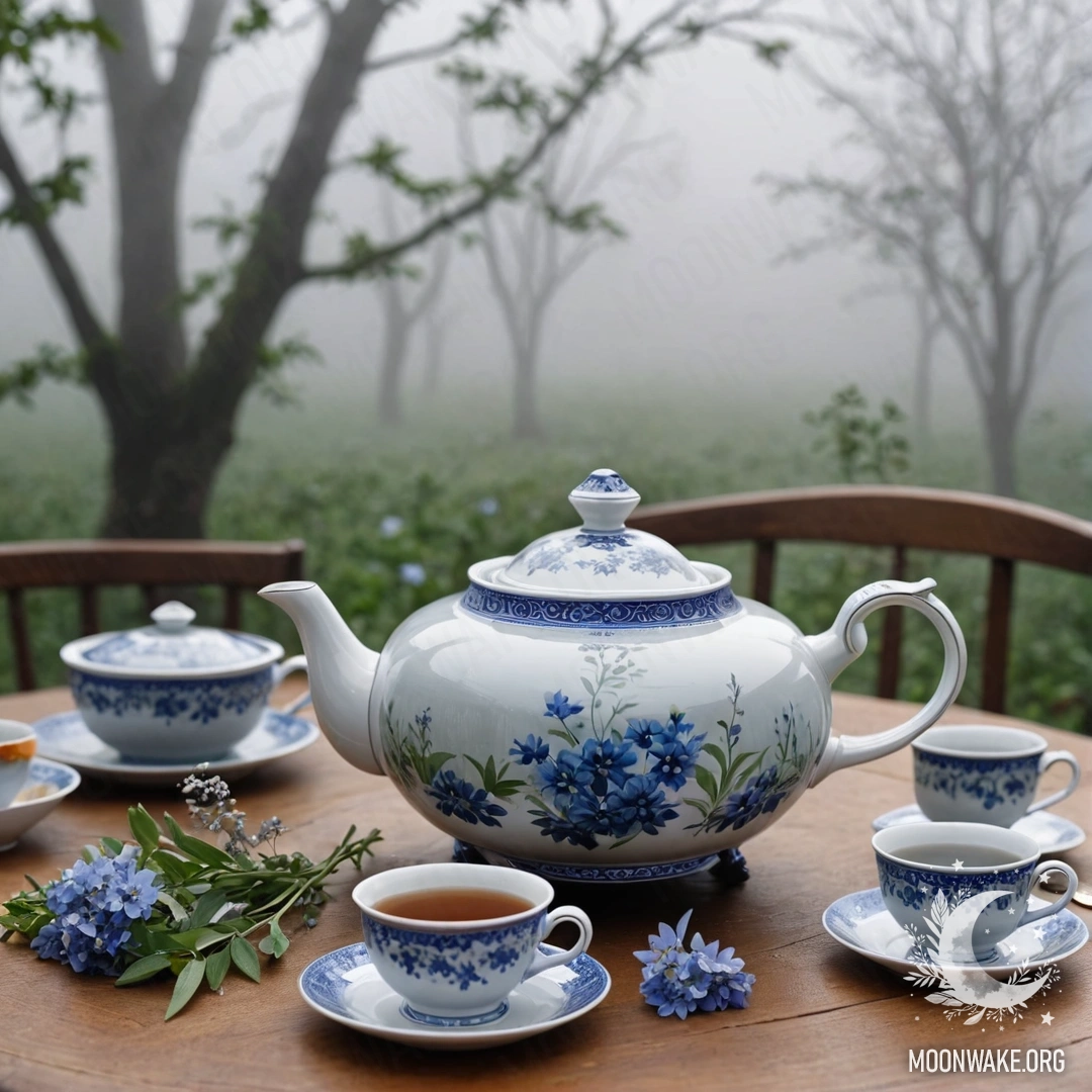 Cozy Wooden Table with Porcelain Teapot A round wooden table with a porcelain teapot adorned with blue flowers in a heavy fog.