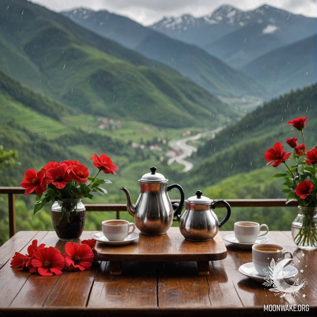 A cozy wooden table with a jar of red flowers, a coffee pot, and cups, set against a mountainous backdrop with rain falling.