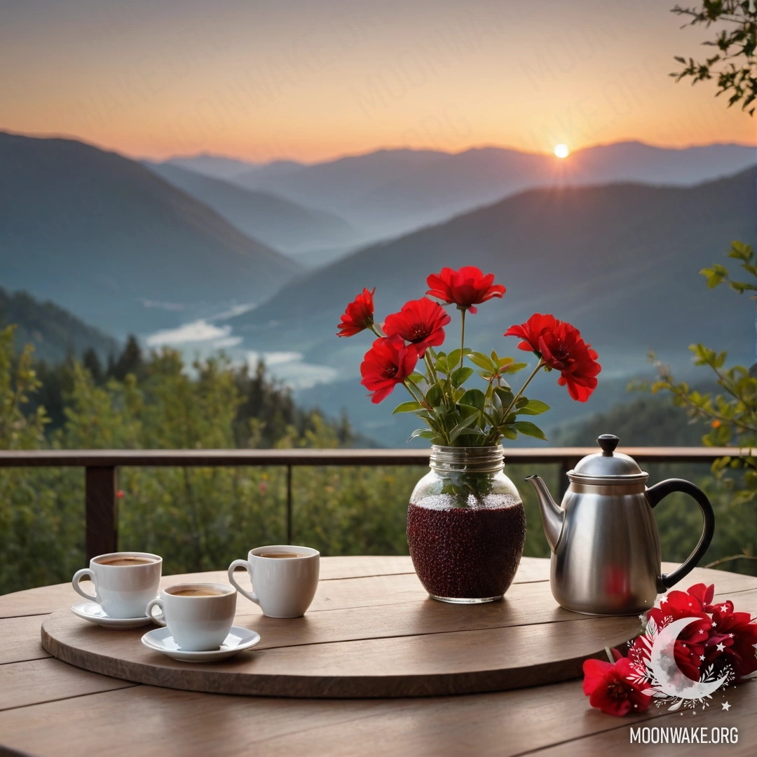 A cozy wooden table features a jar of red flowers and a coffee pot with cups against a mountain backdrop at sunset.