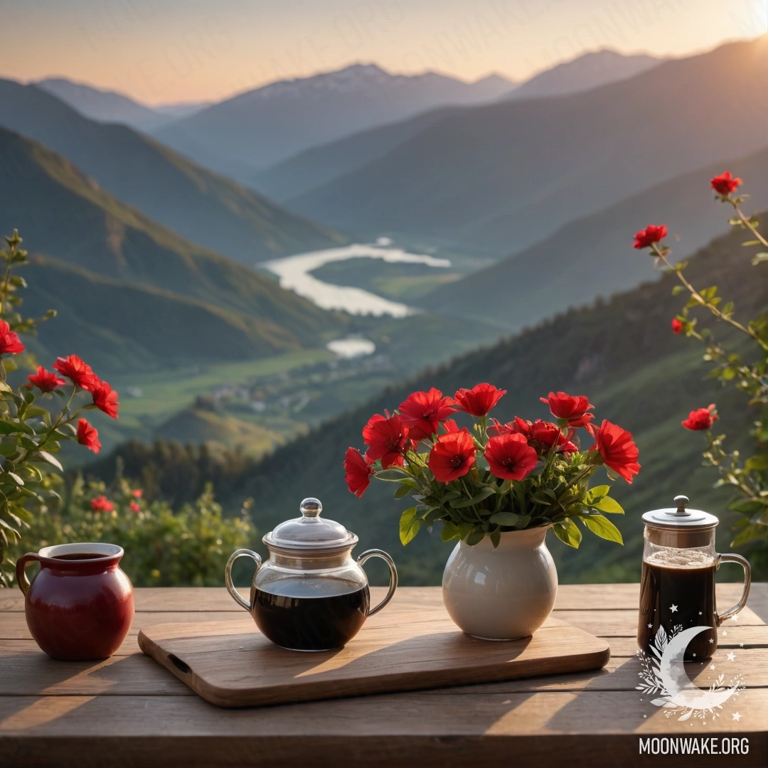 A cozy wooden table set against a mountain backdrop at sunset, featuring a jar of red flowers and a coffee pot with cups.