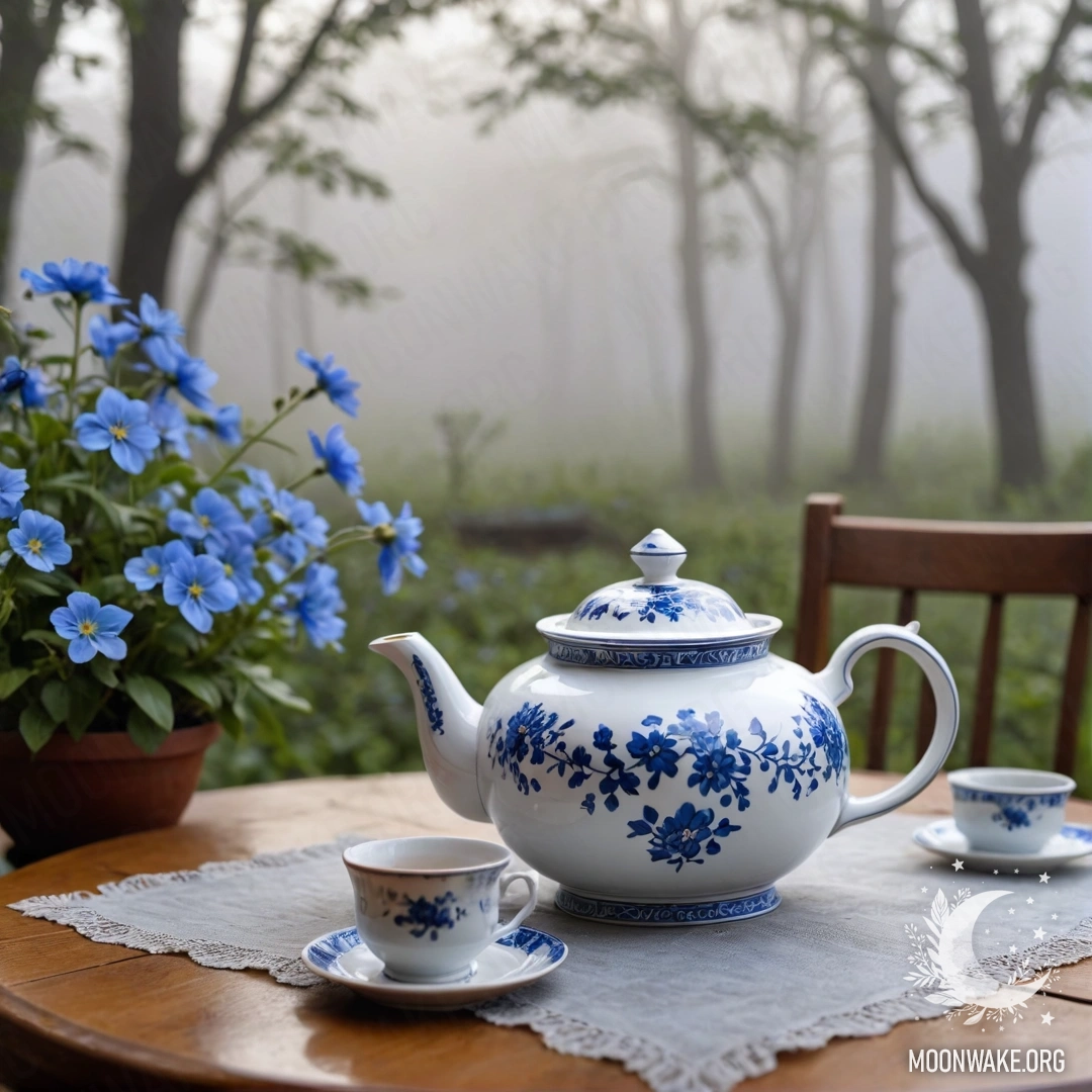 A round wooden table with a porcelain teapot filled with blue flowers surrounded by dense fog.