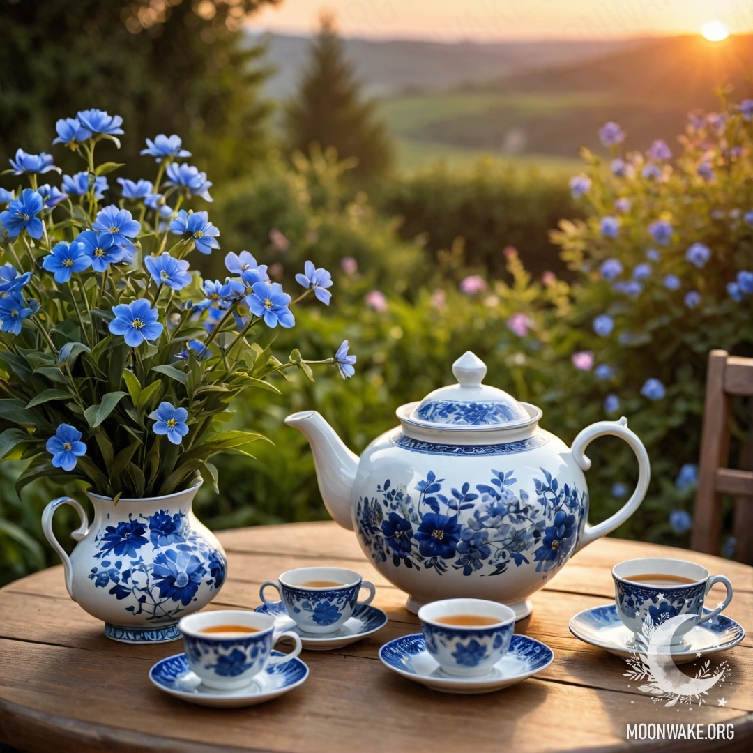 A round wooden table with a porcelain teapot filled with blue flowers, set against a sunset backdrop.