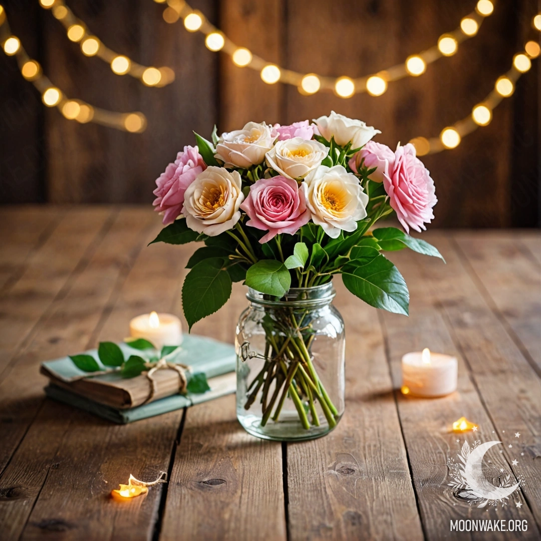 A shabby wooden table with a jar of flowers and a light garland bokeh in the background.
