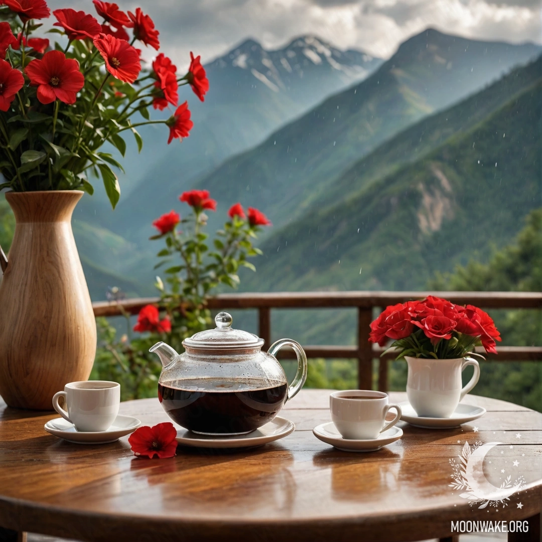 Cozy Table with Flowers and Coffee in the Rain A wooden table with red flowers, a coffee pot, and cups under rain, set against mountain background.