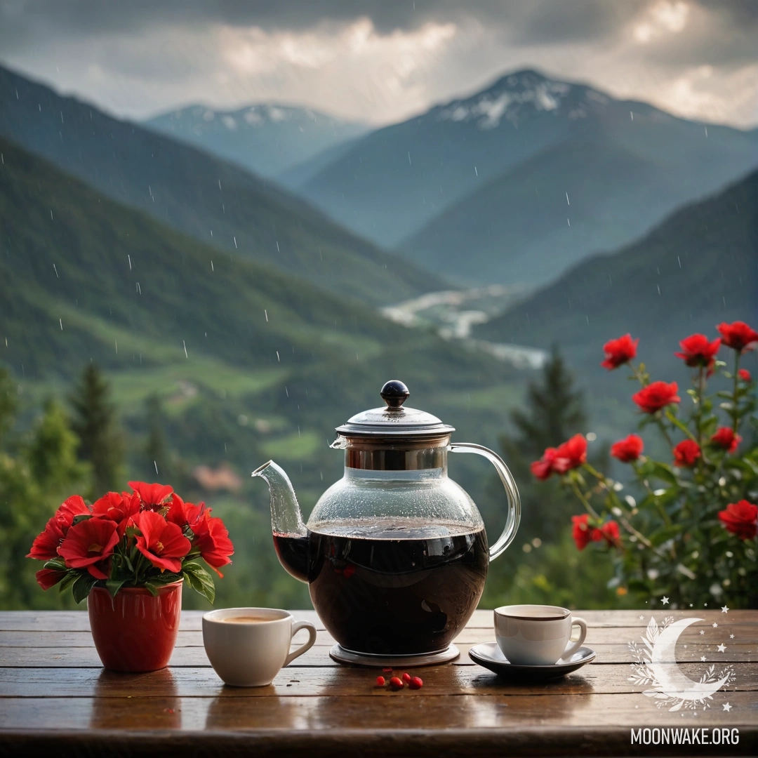 A cozy wooden table with a jar of red flowers, a coffee pot and cups, set against a mountainous backdrop in the rain.